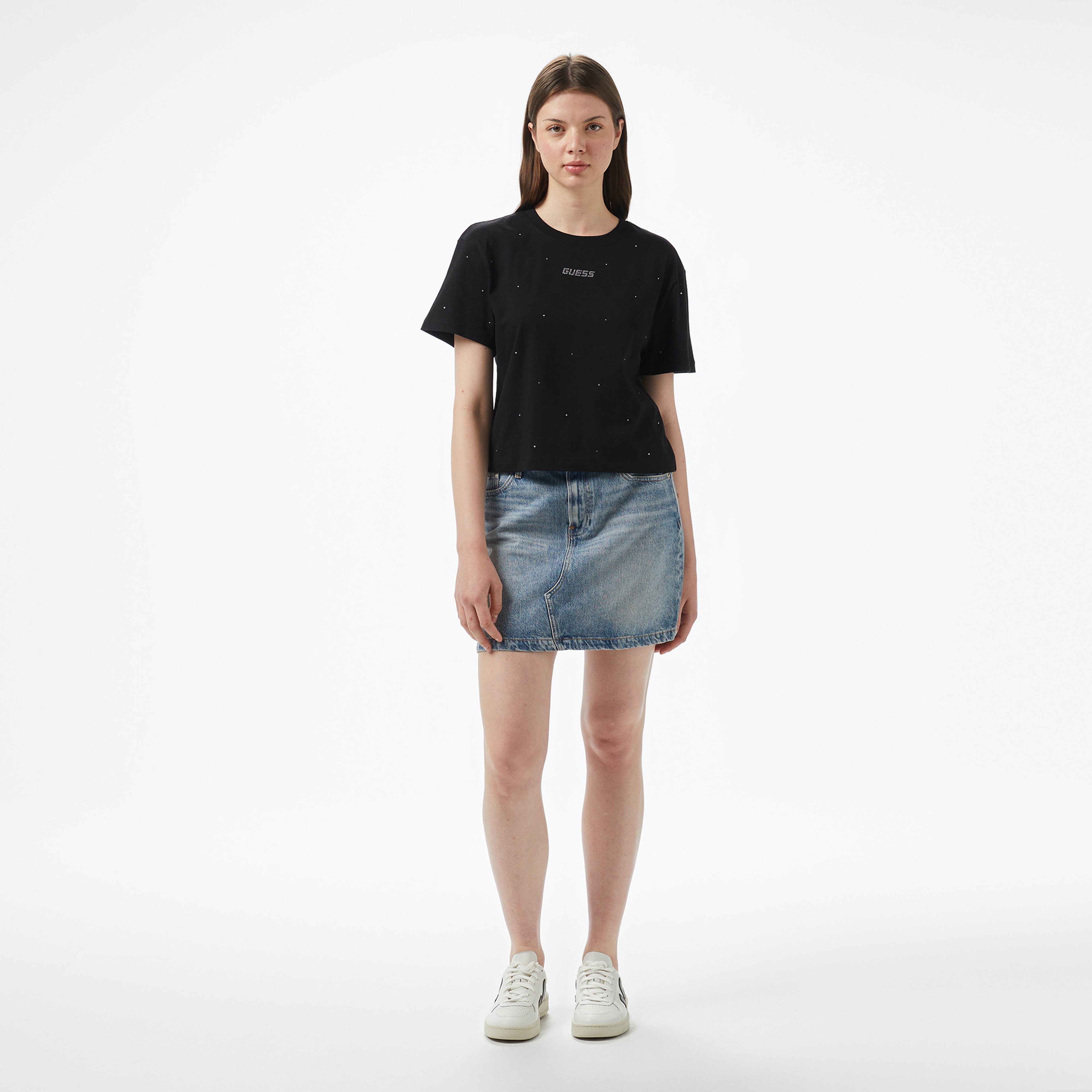 Guess Primula Rhinestones Kadın Siyah T-Shirt