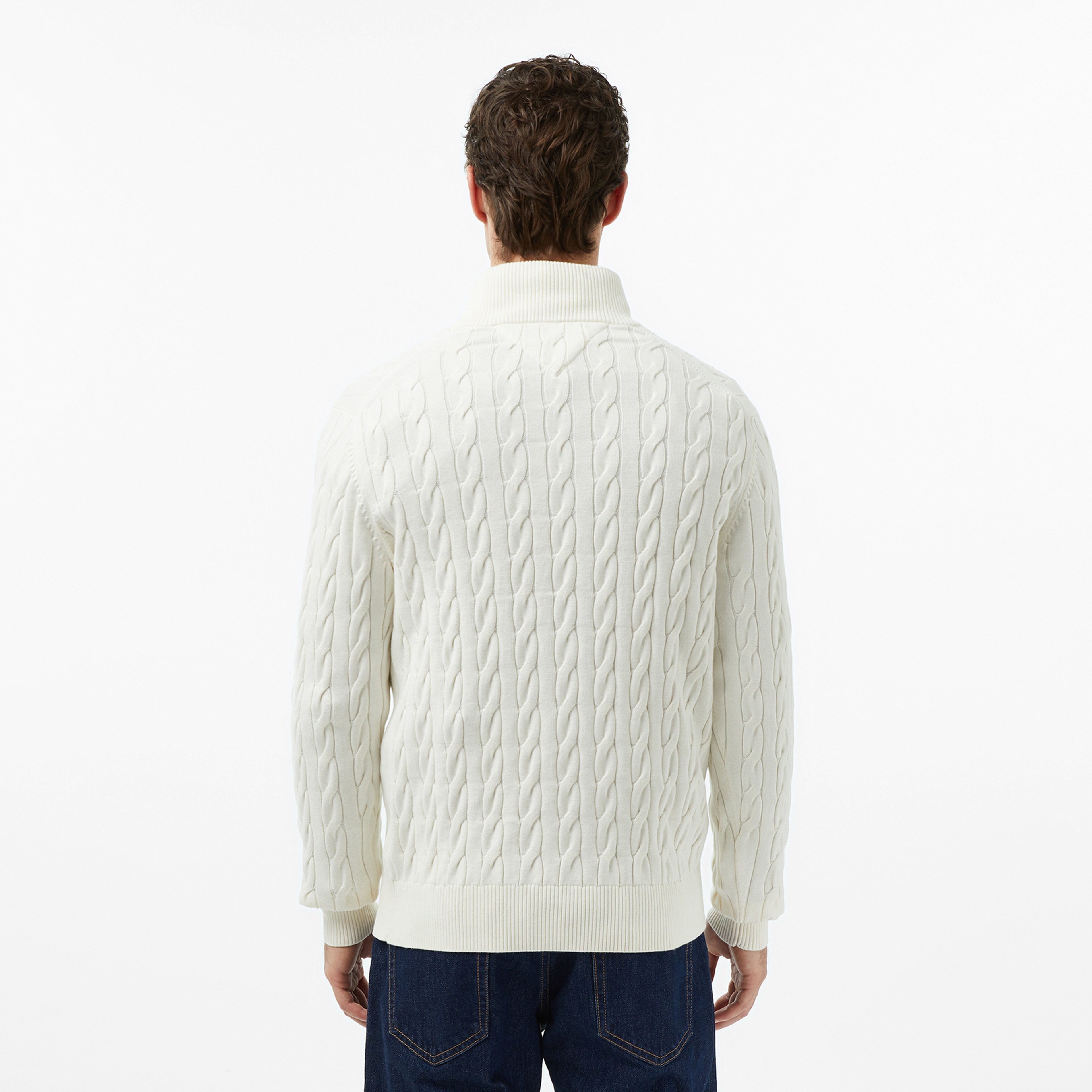 Tommy Hilfiger Classic Cotton Cable Zip Mock Erkek Beyaz Yarım Fermuarlı Triko