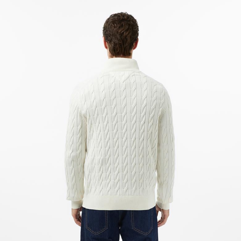 Tommy Hilfiger Classic Cotton Cable Zip Mock Erkek Beyaz Yarım Fermuarlı Triko
