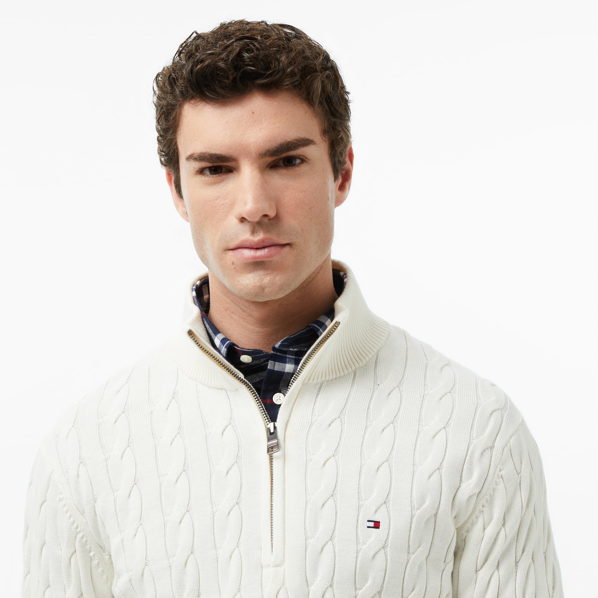 Tommy Hilfiger Classic Cotton Cable Zip Mock Erkek Beyaz Yarım Fermuarlı Triko