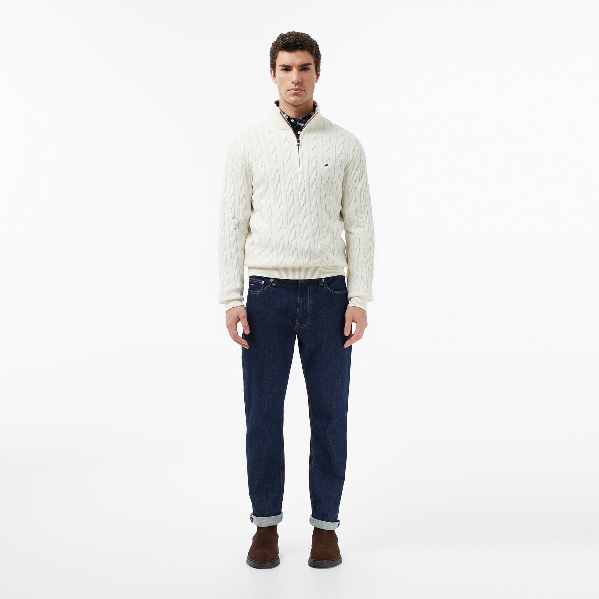 Tommy Hilfiger Classic Cotton Cable Zip Mock Erkek Beyaz Yarım Fermuarlı Triko