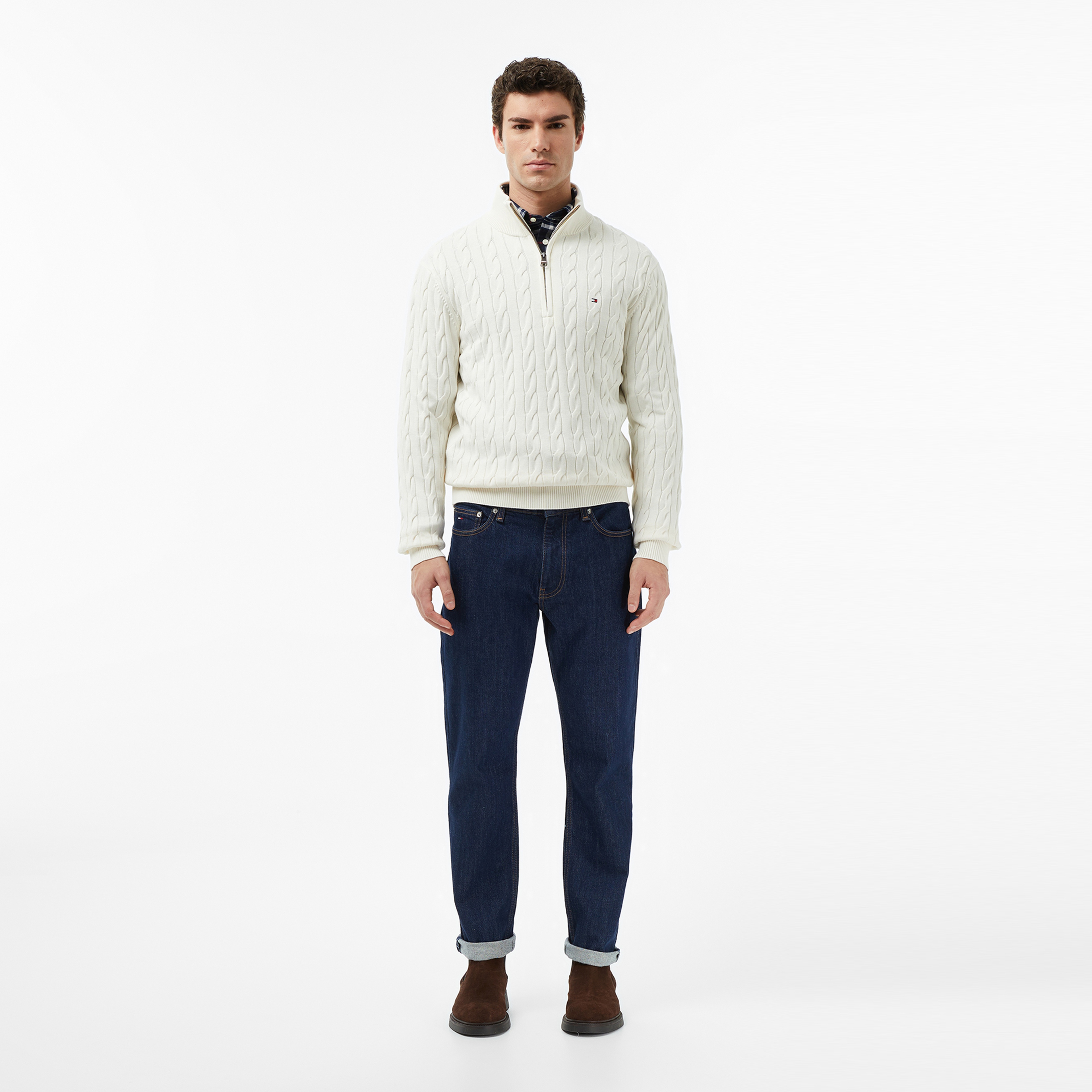 Tommy Hilfiger Classic Cotton Cable Zip Mock Erkek Beyaz Yarım Fermuarlı Triko