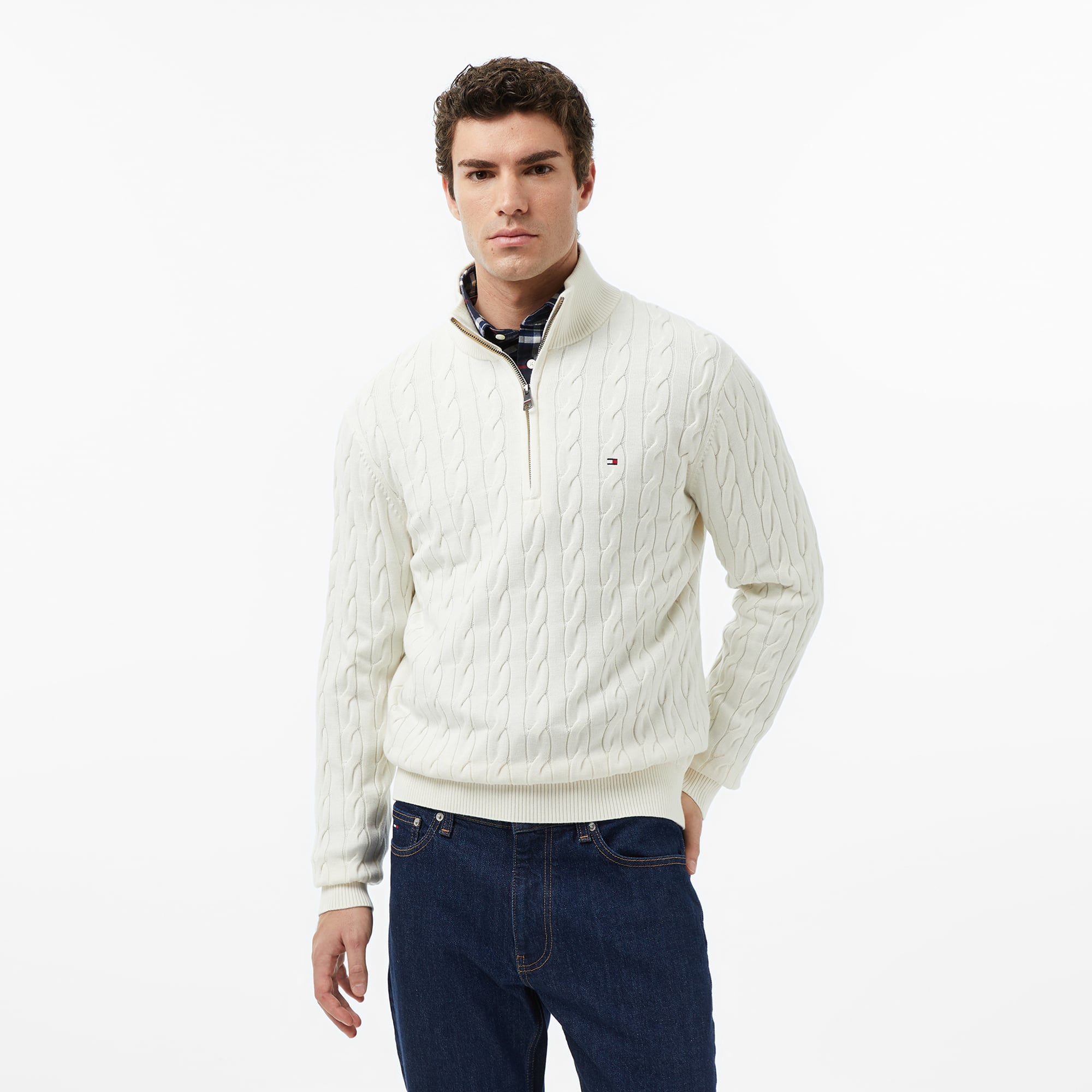 Tommy Hilfiger Classic Cotton Cable Zip Mock Erkek Beyaz Yarım Fermuarlı Triko