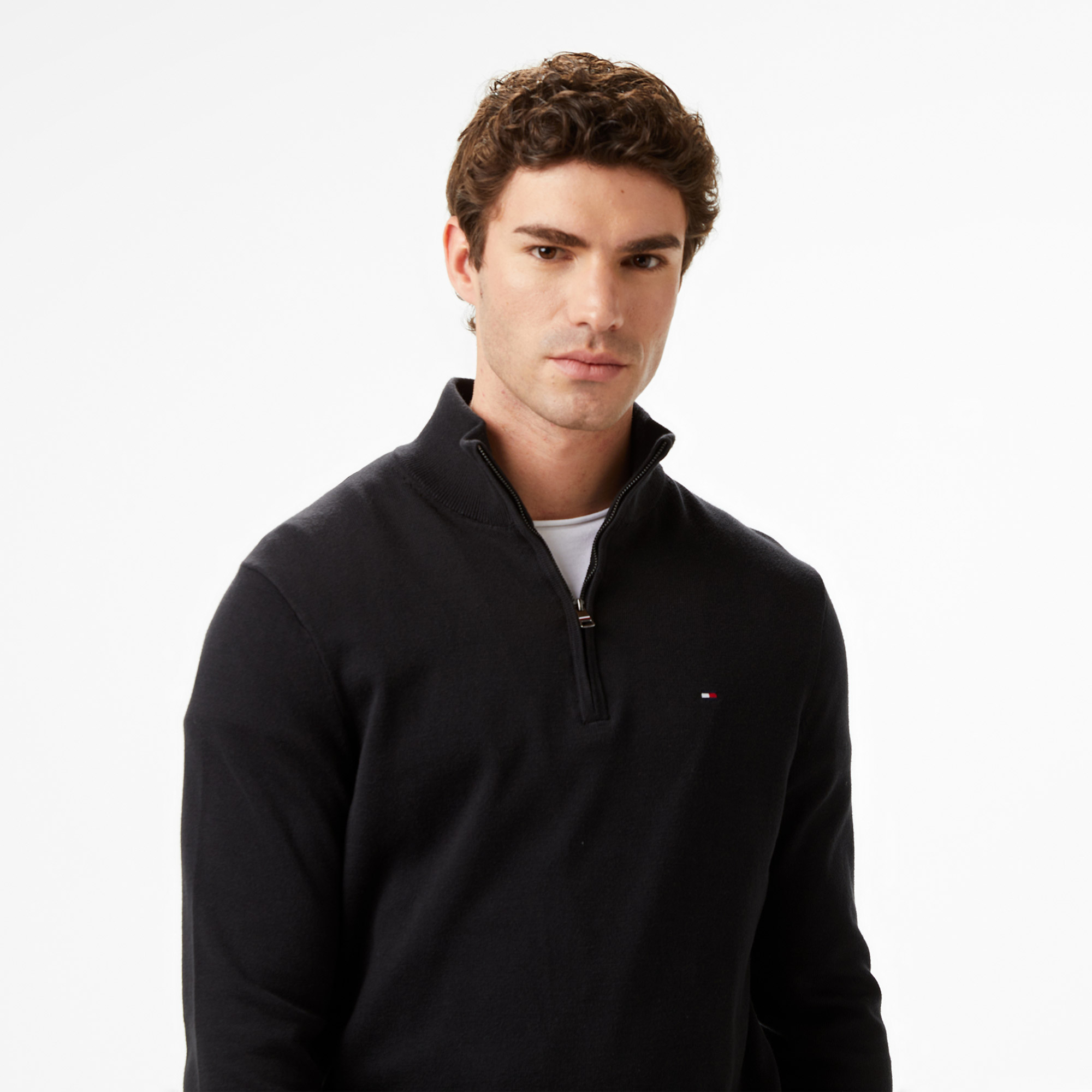 Tommy Hilfiger Essential Cotton Mock Erkek Siyah Yarım Fermuarlı Triko