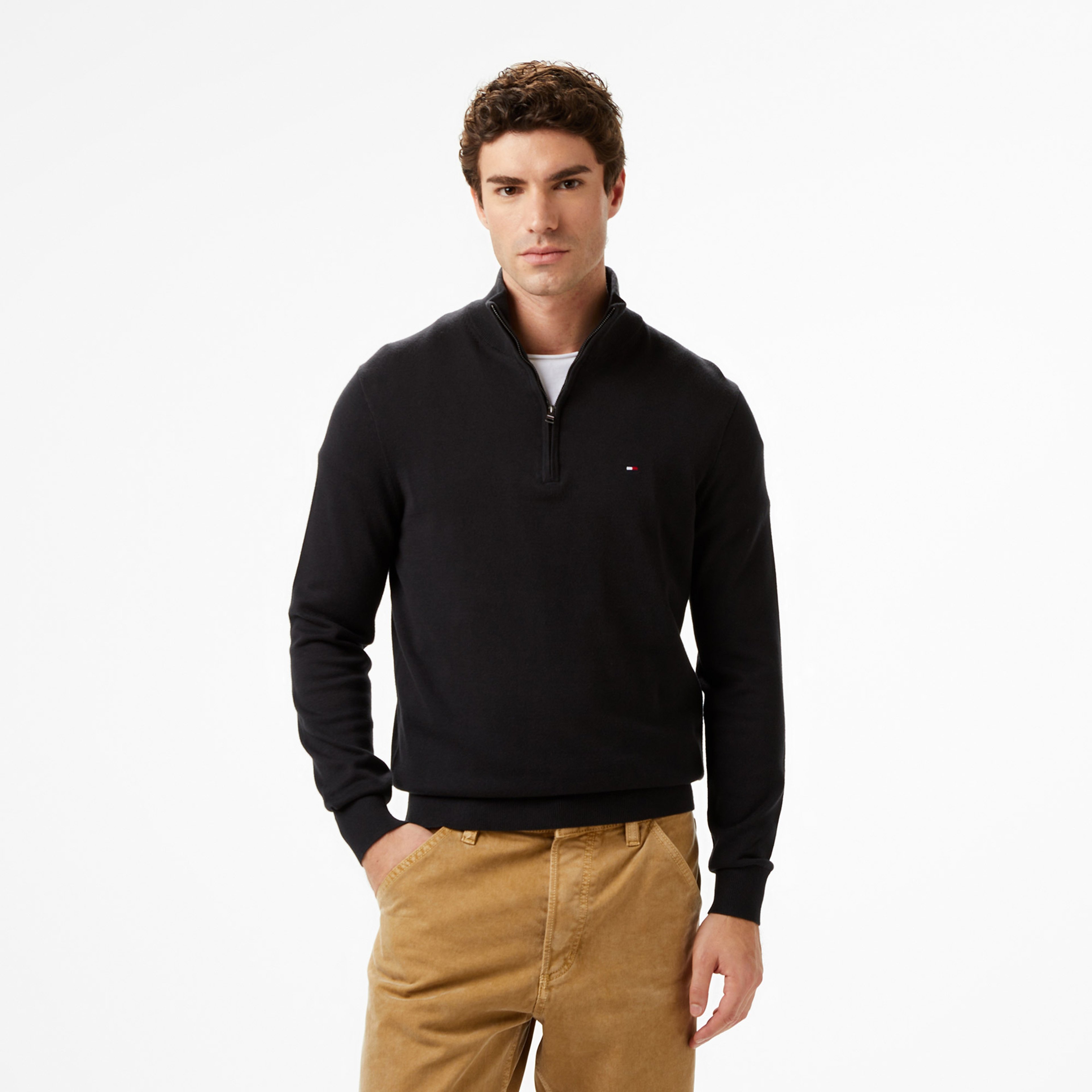Tommy Hilfiger Essential Cotton Mock Erkek Siyah Yarım Fermuarlı Triko