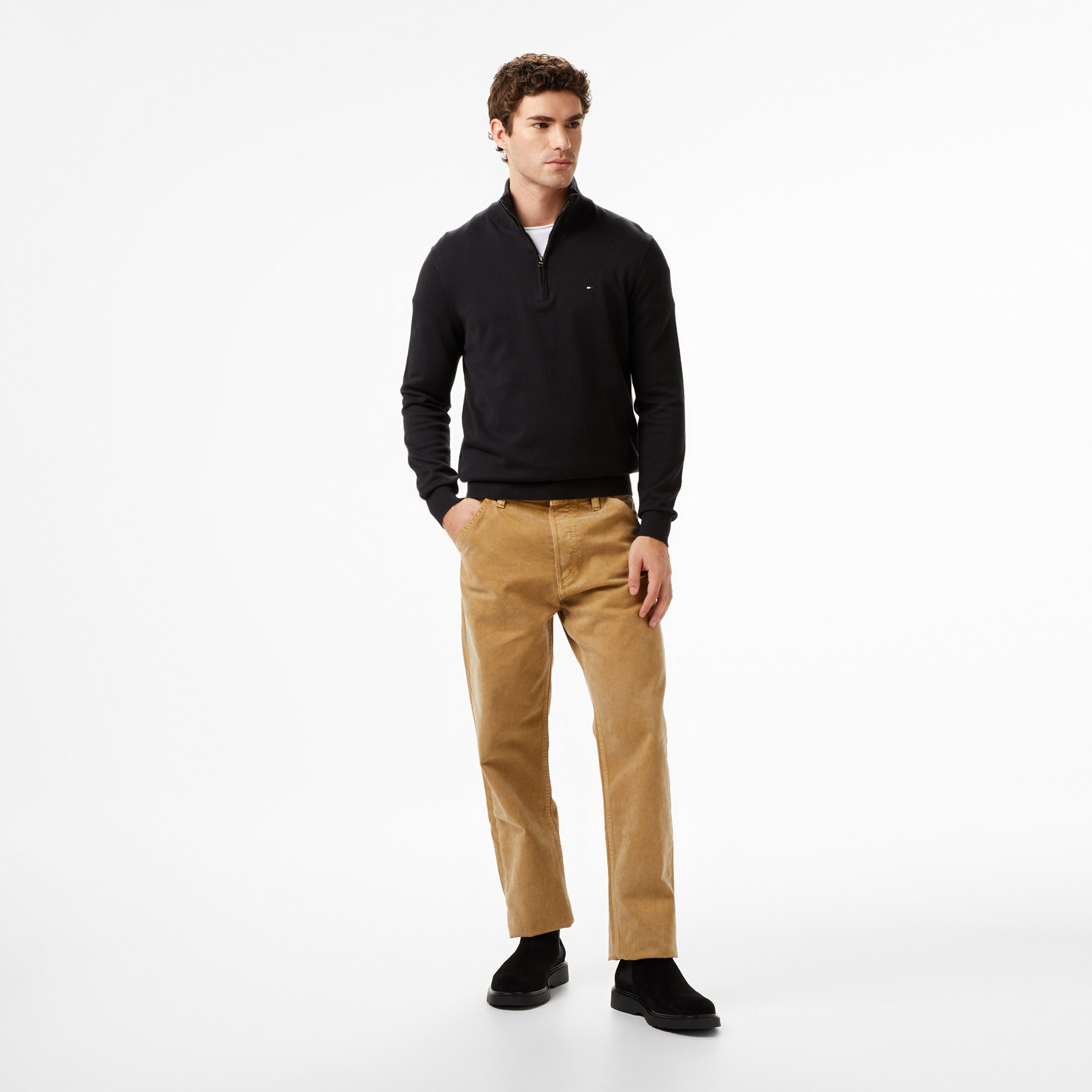 Tommy Hilfiger Essential Cotton Mock Erkek Siyah Yarım Fermuarlı Triko