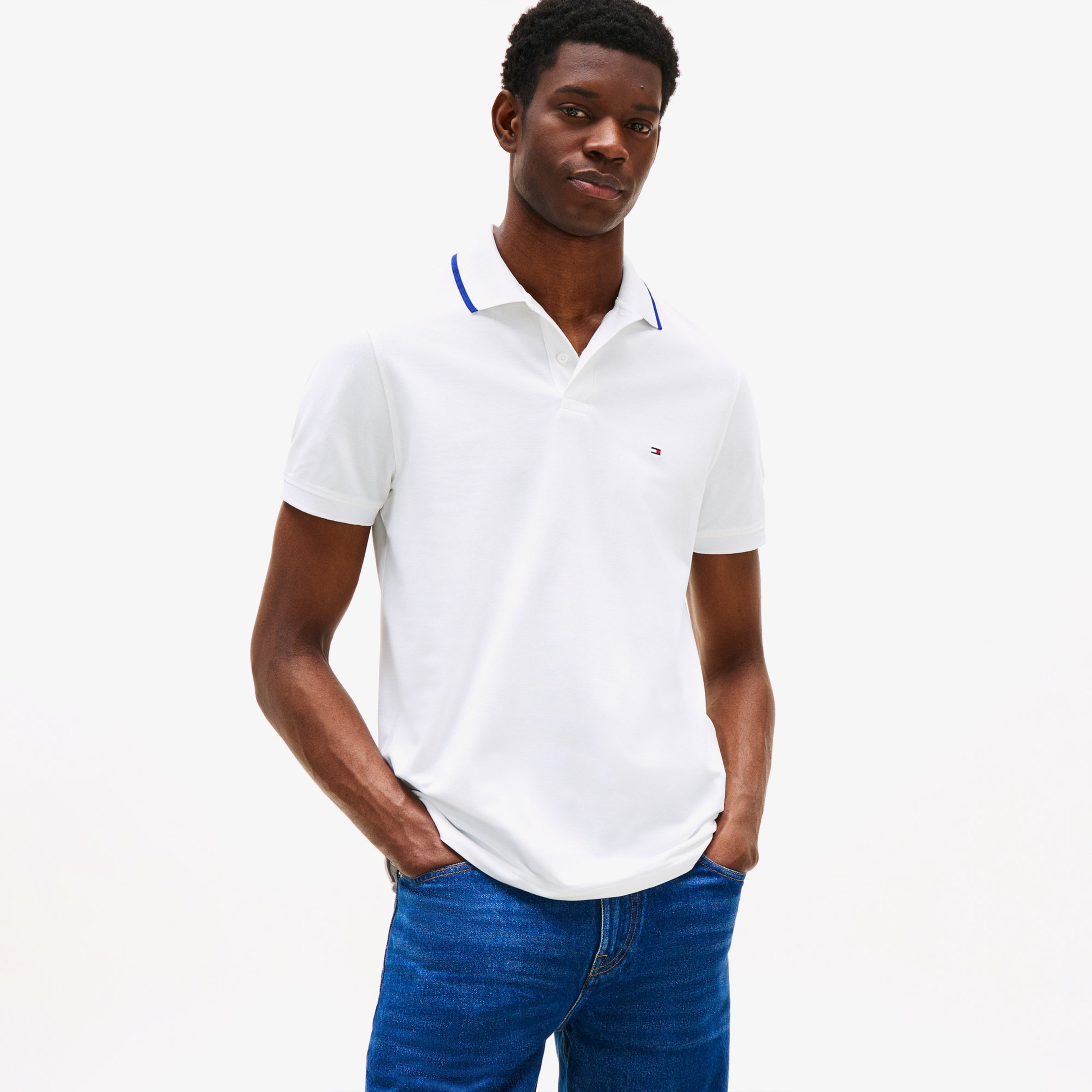 Tommy Hilfiger Performance Pique Regular Tipped Erkek Beyaz Polo