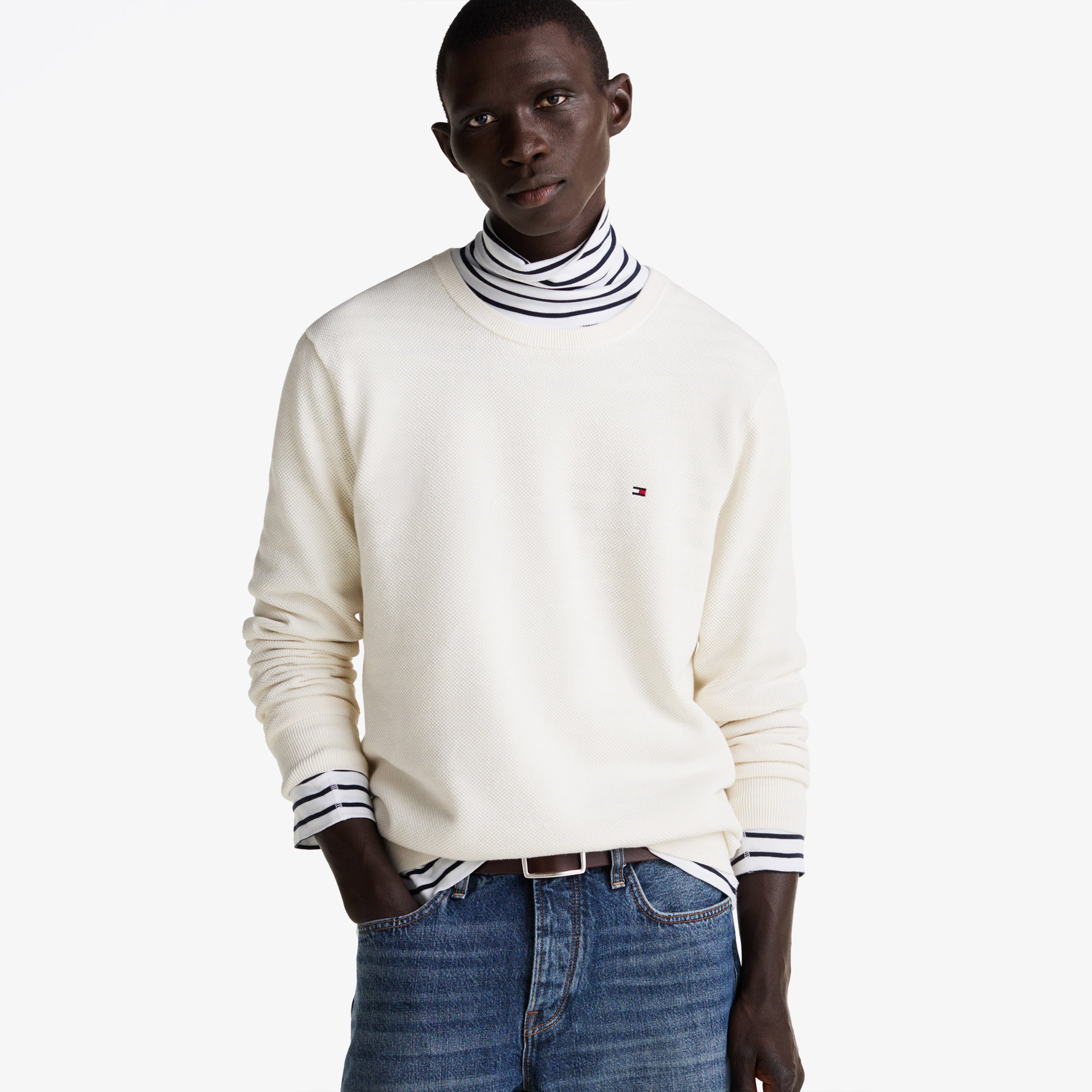 Tommy Hilfiger Essential Structure Yuvarlak Yaka Erkek Beyaz Kazak