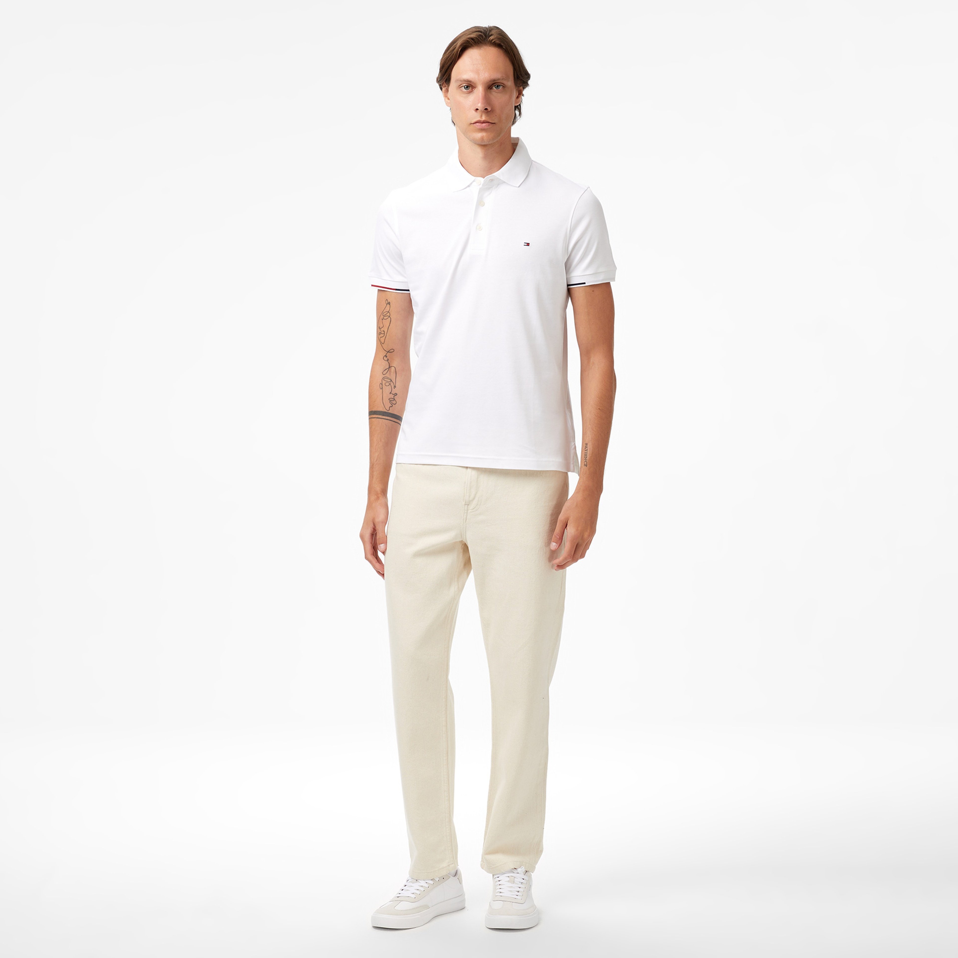 Tommy Hilfiger İnterlock Flagcuff Slim Fit Erkek Beyaz Polo