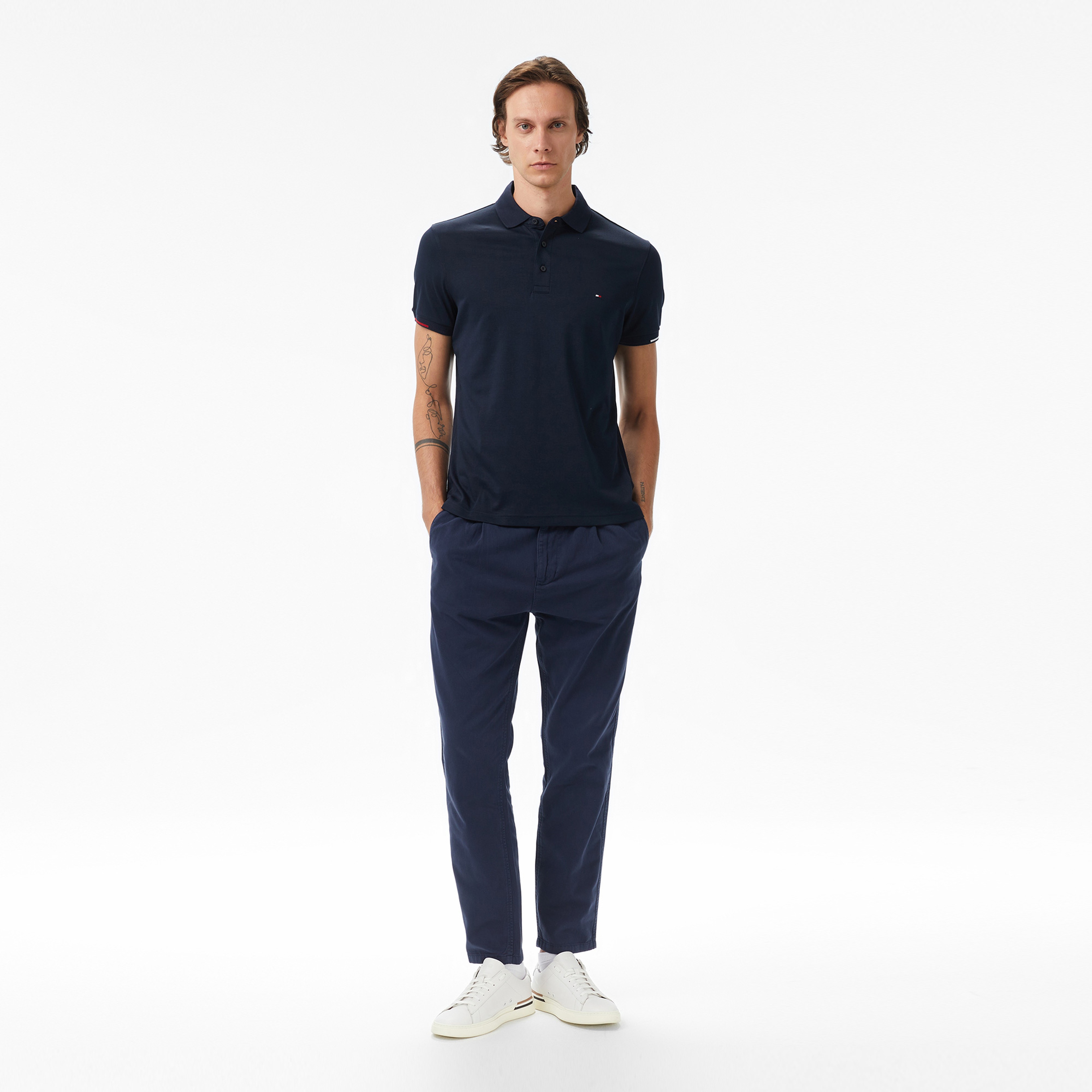 Tommy Hilfiger Interlock Flagcuff Slim Fit Erkek Mavi Polo