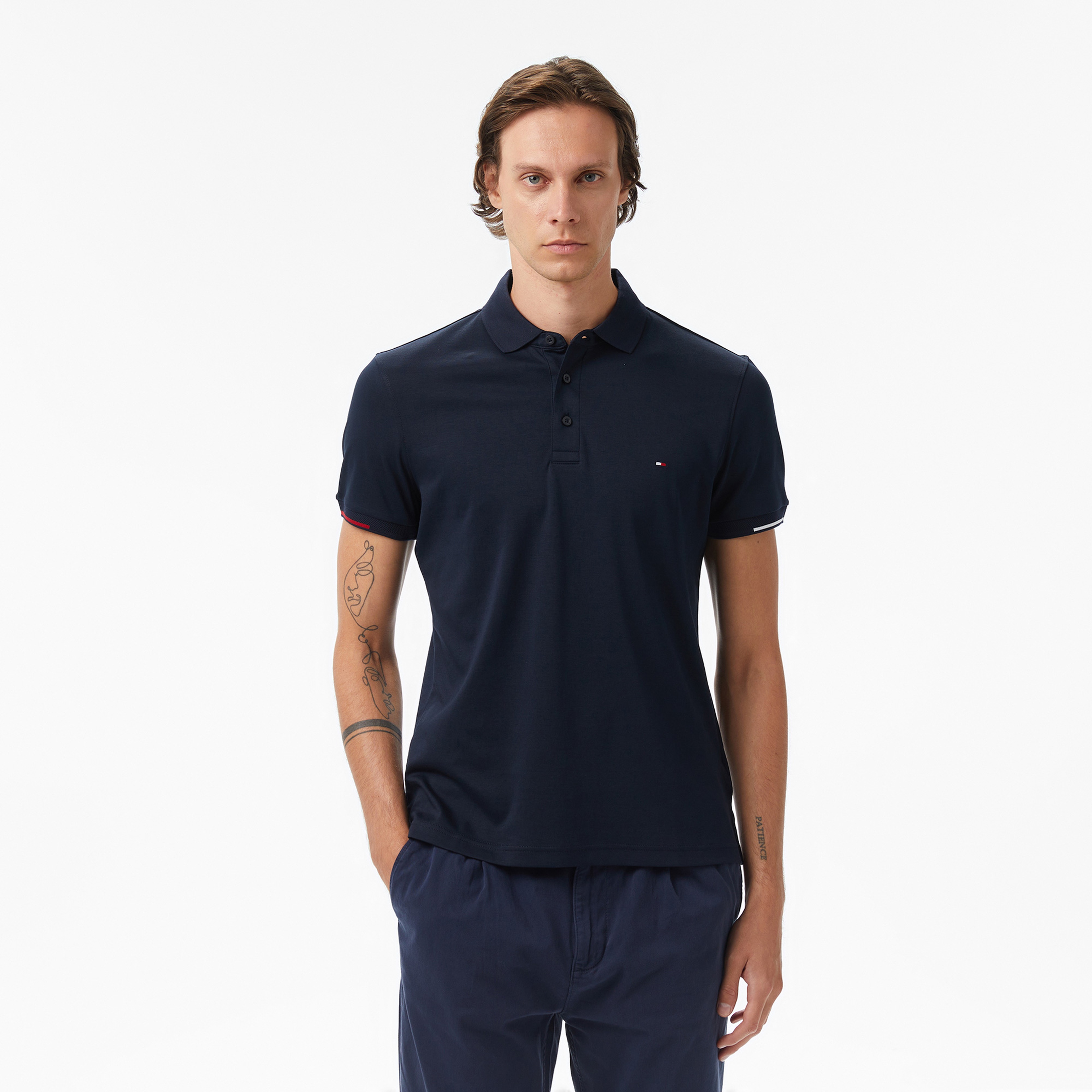 Tommy Hilfiger Interlock Flagcuff Slim Fit Erkek Mavi Polo