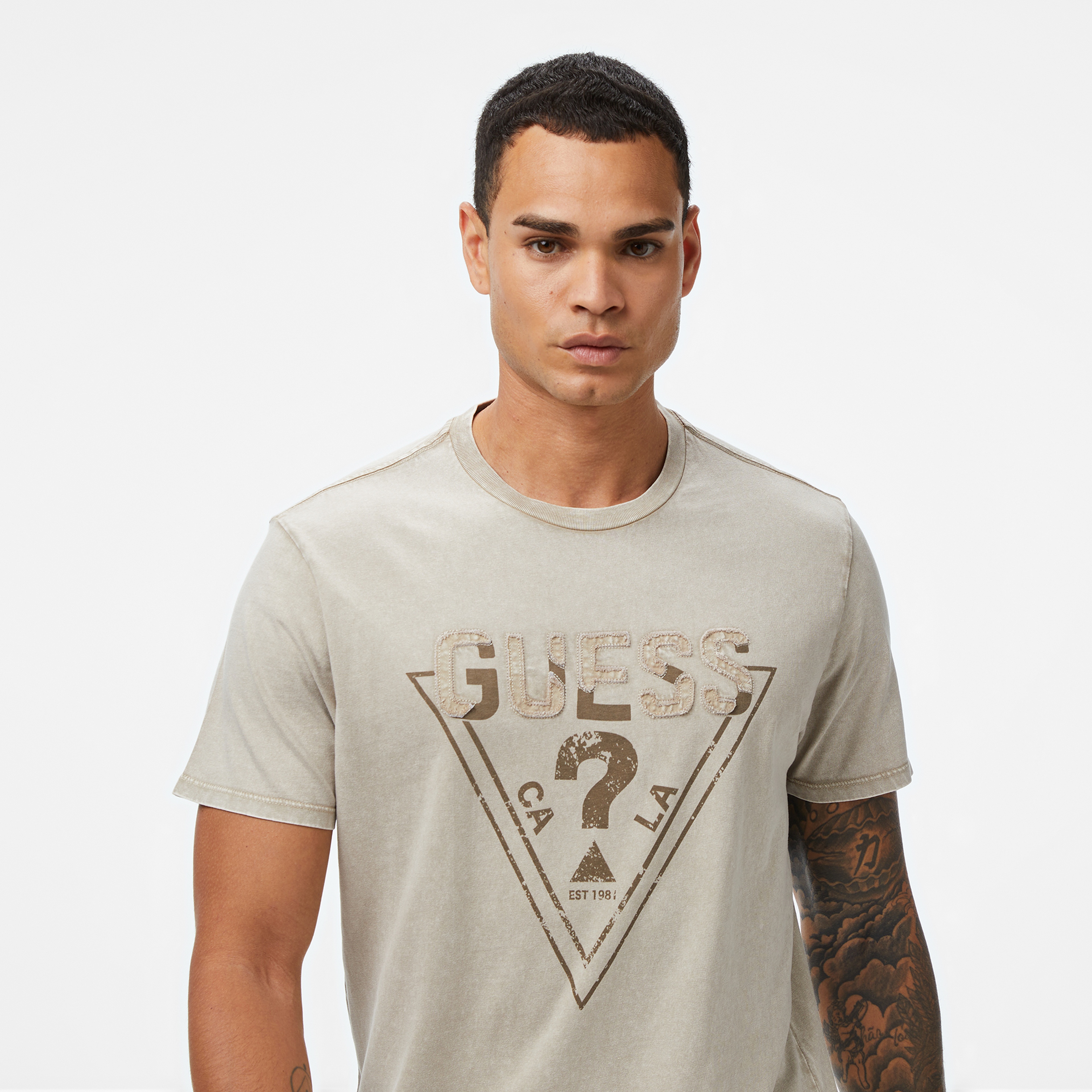 Guess Embroid Regular Fit Erkek Gri T-Shirt