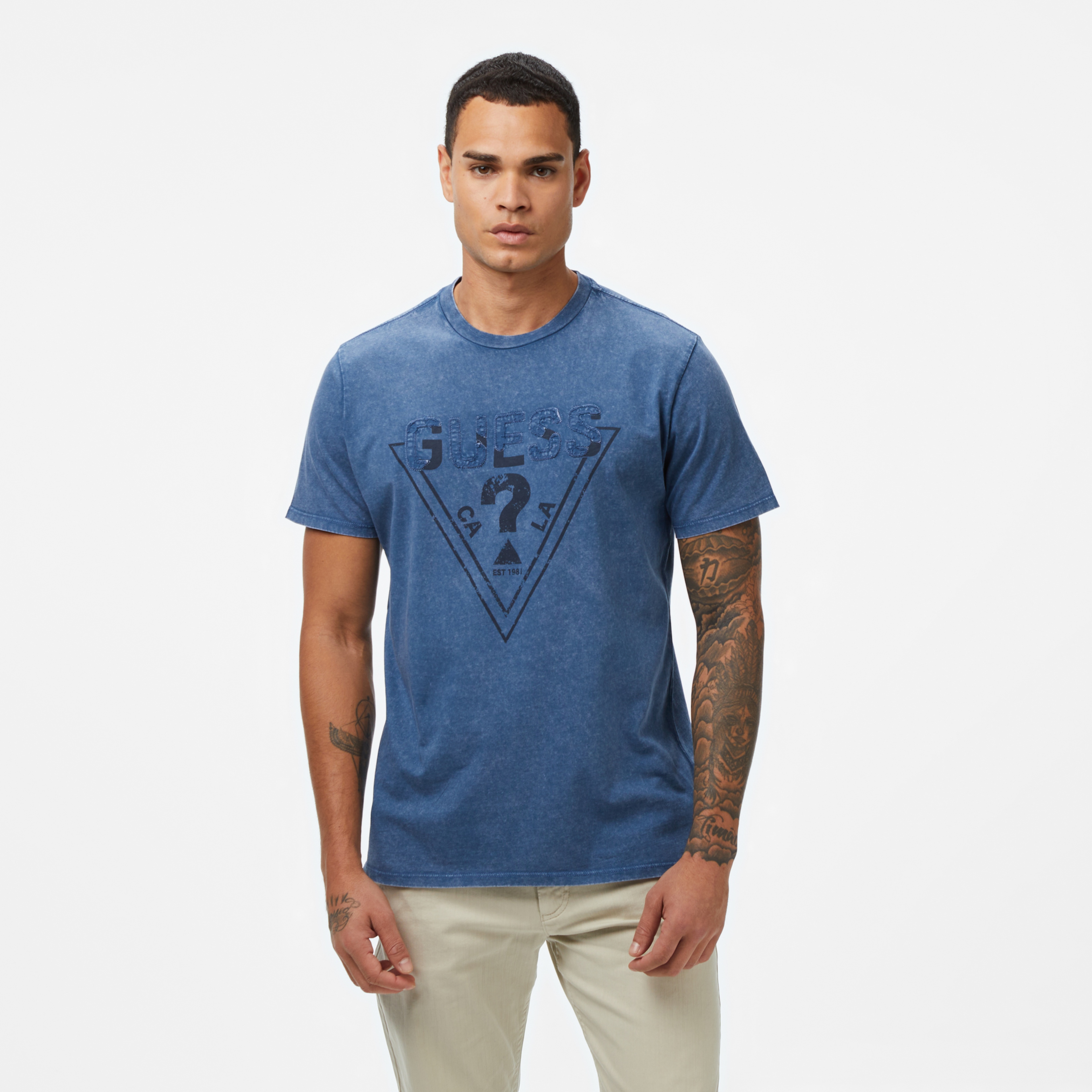 Guess Embroid Regular Fit Erkek Mavi T-Shirt