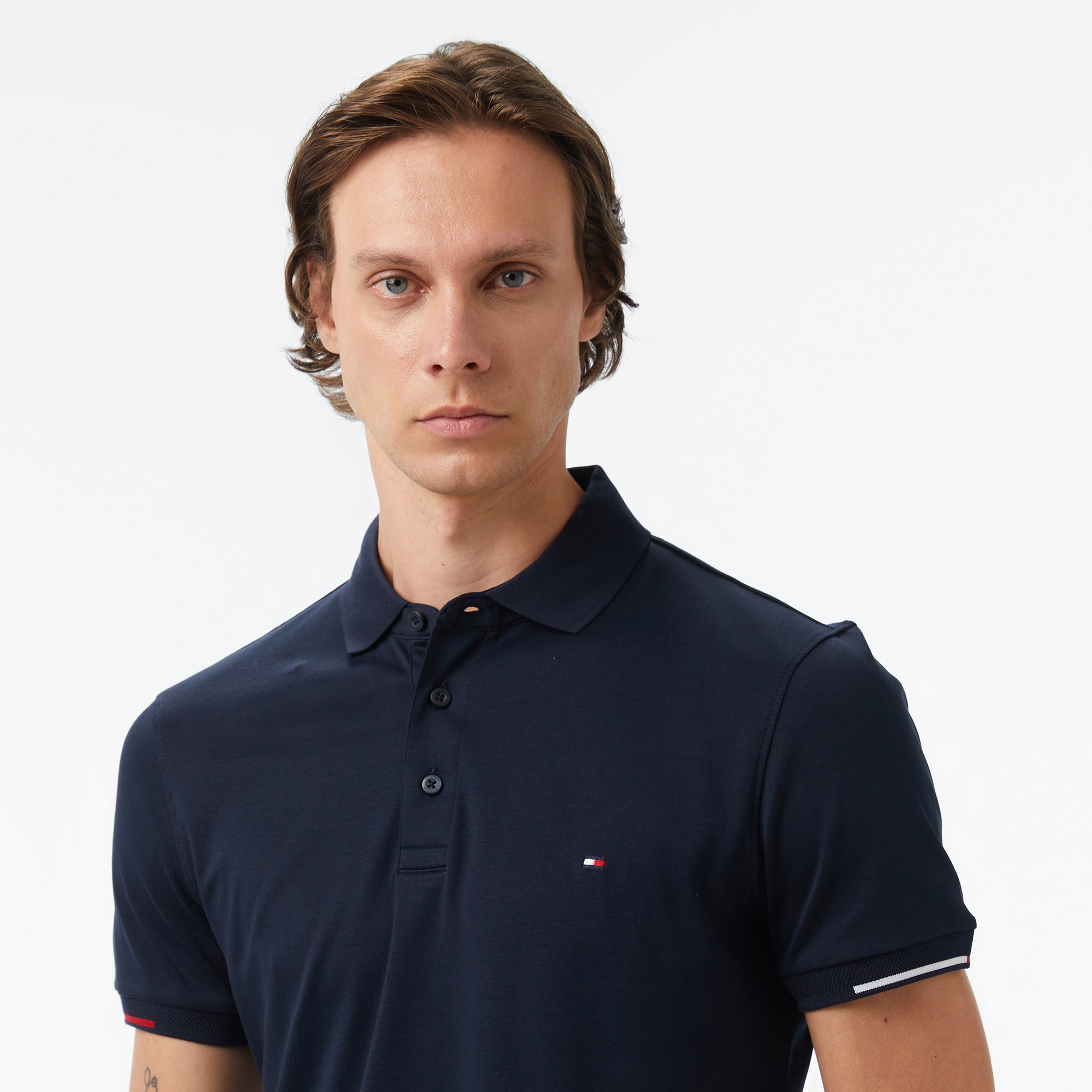 Tommy Hilfiger Interlock Flagcuff Slim Fit Erkek Mavi Polo