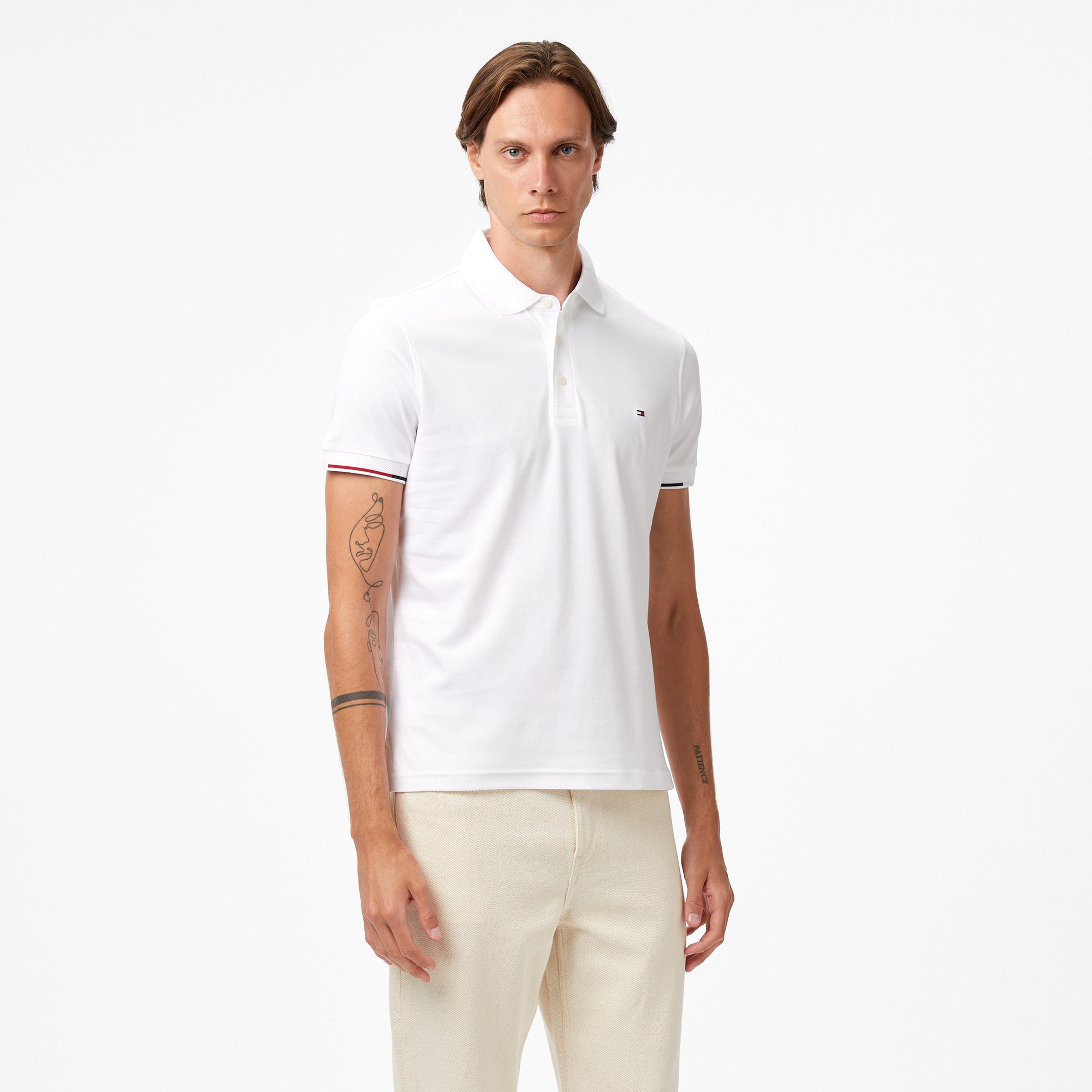 Tommy Hilfiger İnterlock Flagcuff Slim Fit Erkek Beyaz Polo