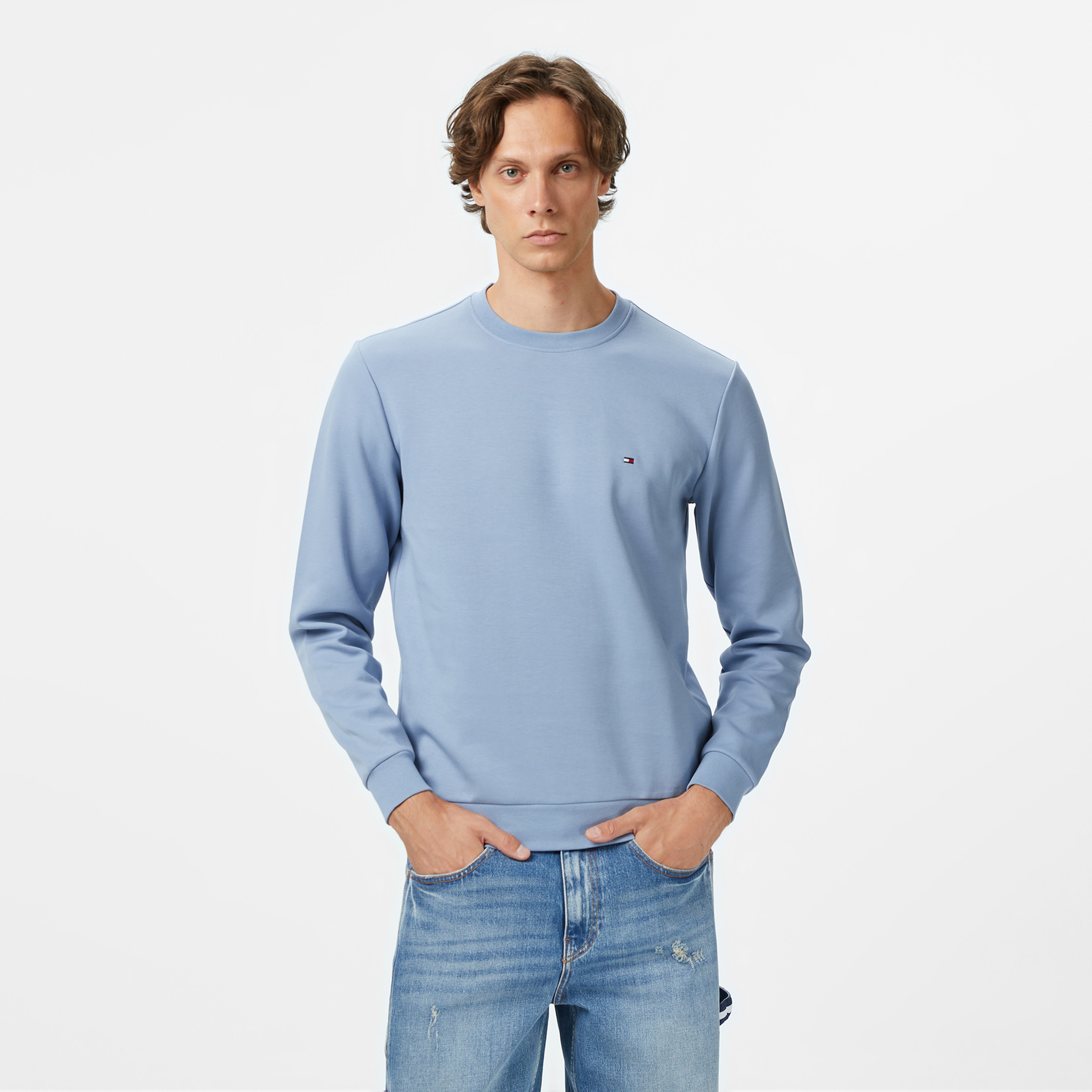 Tommy Hilfiger Essential Intechno Yuvarlak Yaka Erkek Mavi Sweatshirt