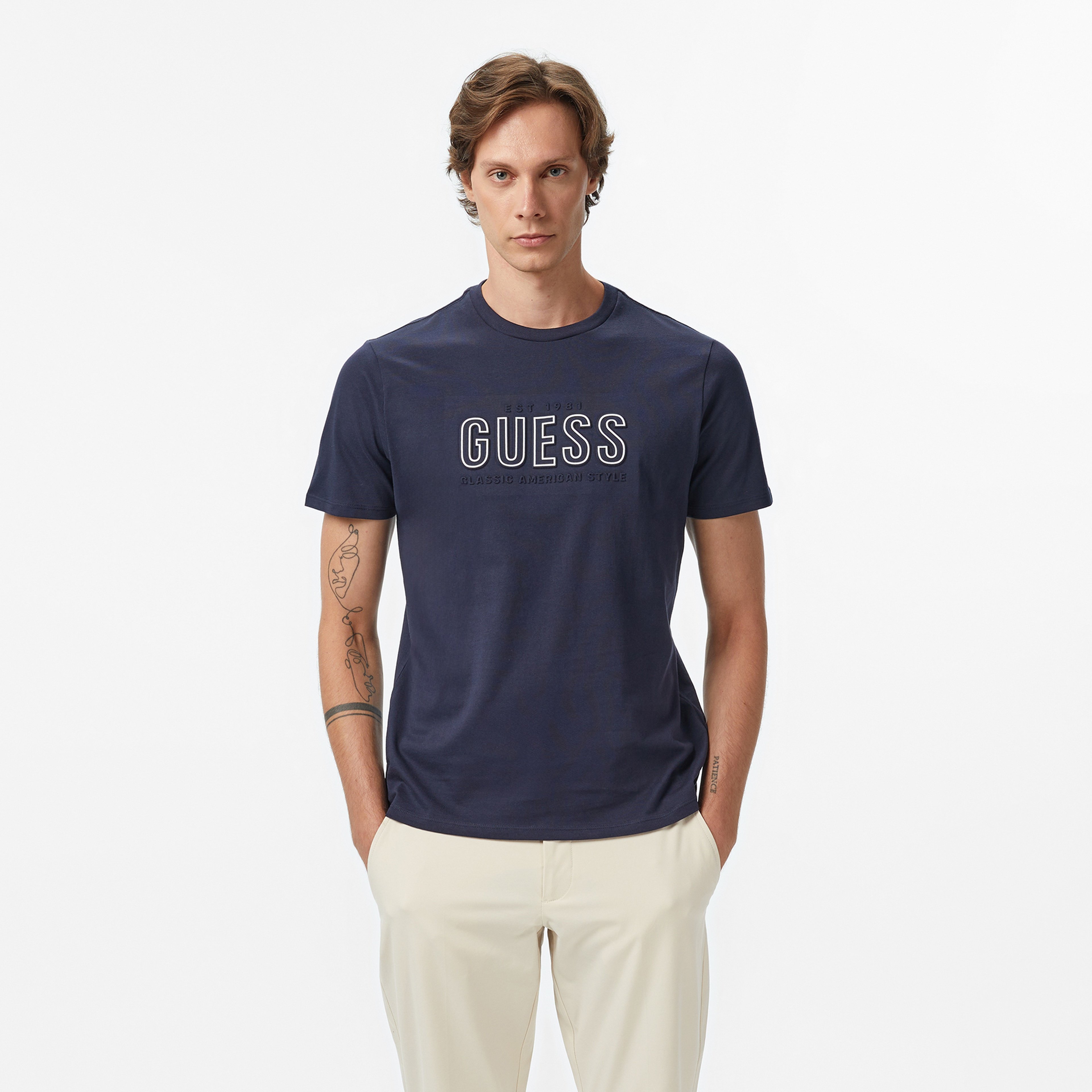 Guess Embosse Regular Fit Erkek Mavi T-Shirt