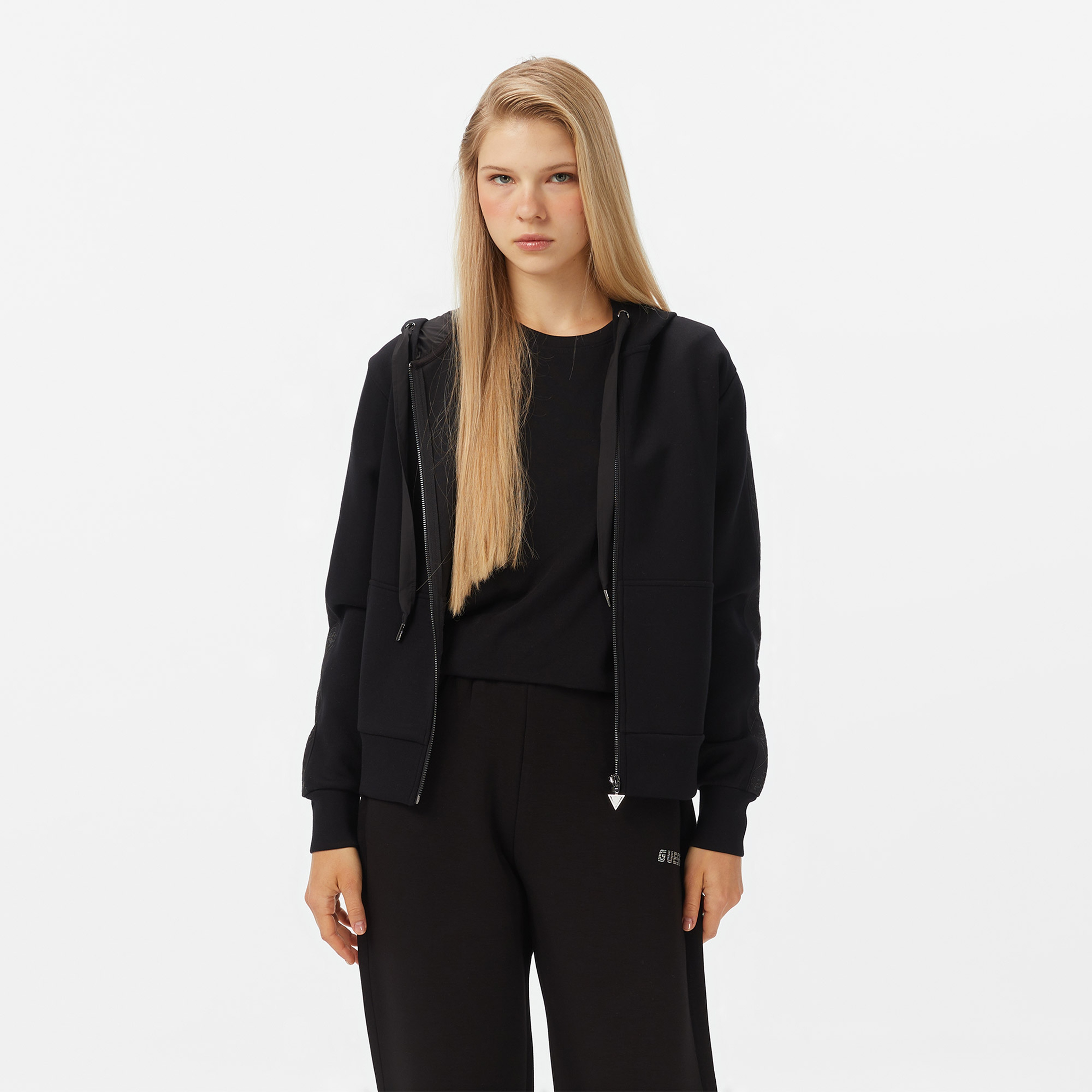 Guess New Hooded Scuba Kadın Siyah Sweatshirt