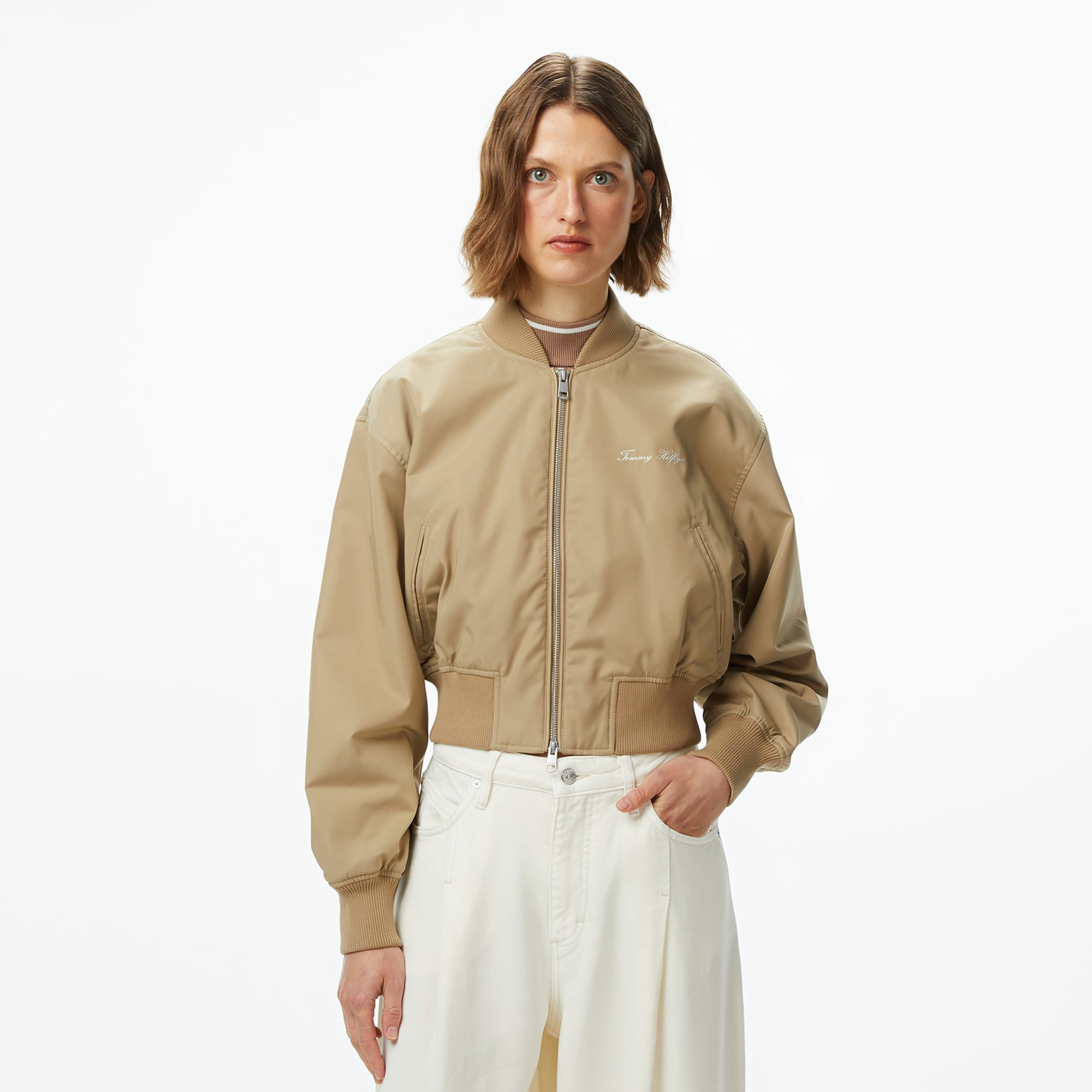 Tommy Hilfiger Nylon Regular Cropped Kadın Bej Bomber Ceket