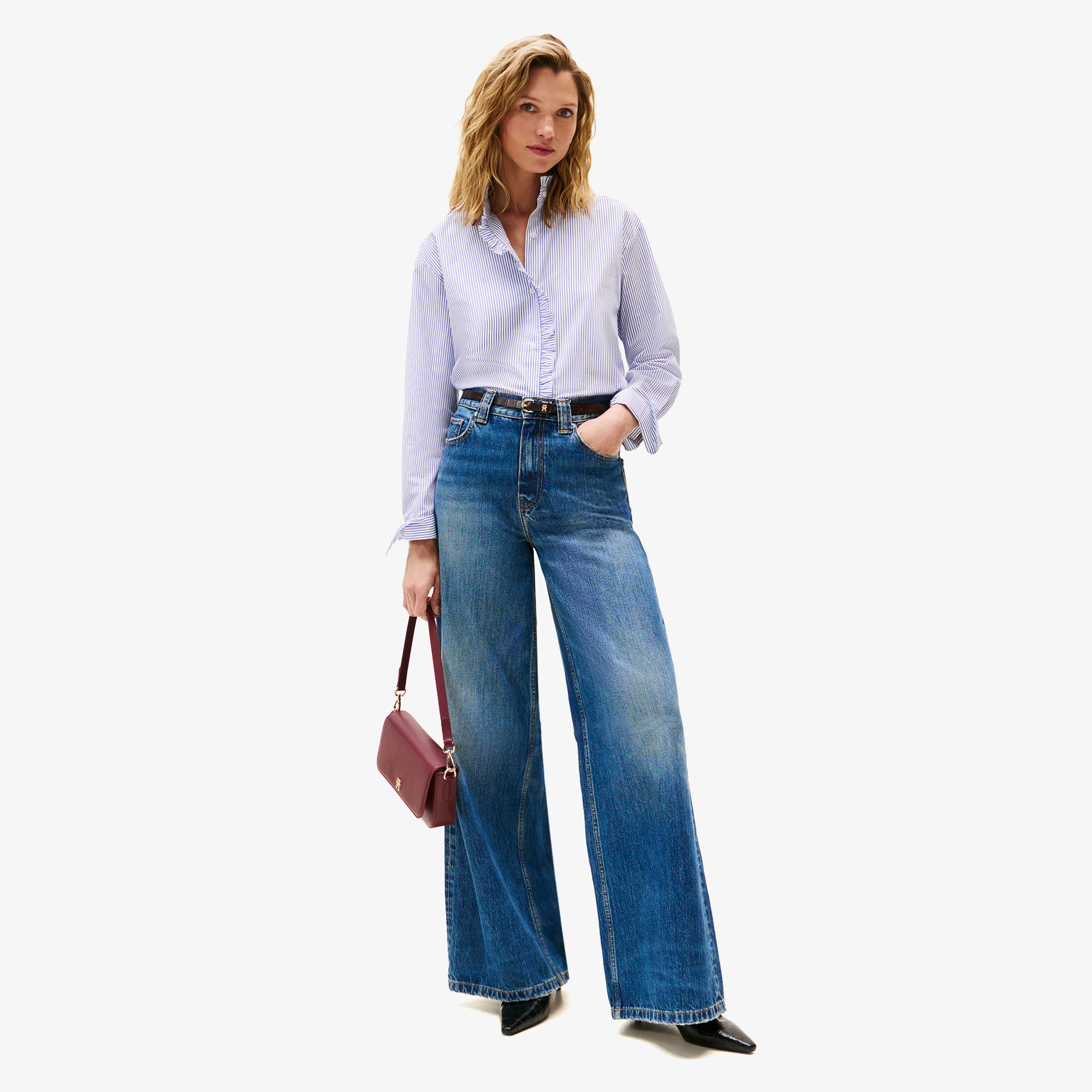 Tommy Hilfiger Poplin Ruffle Kadın Mavi Gömlek