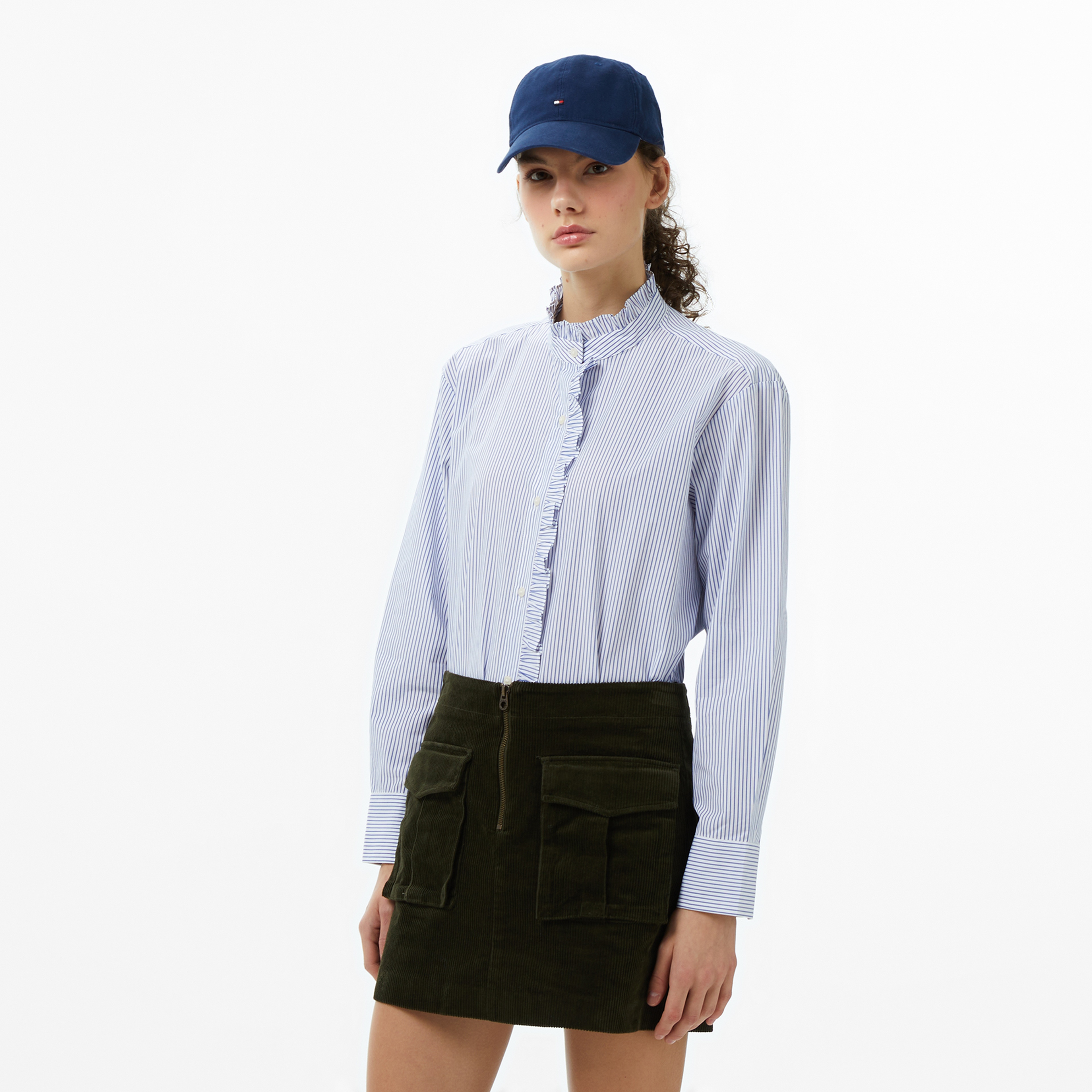 Tommy Hilfiger Poplin Ruffle Kadın Mavi Gömlek