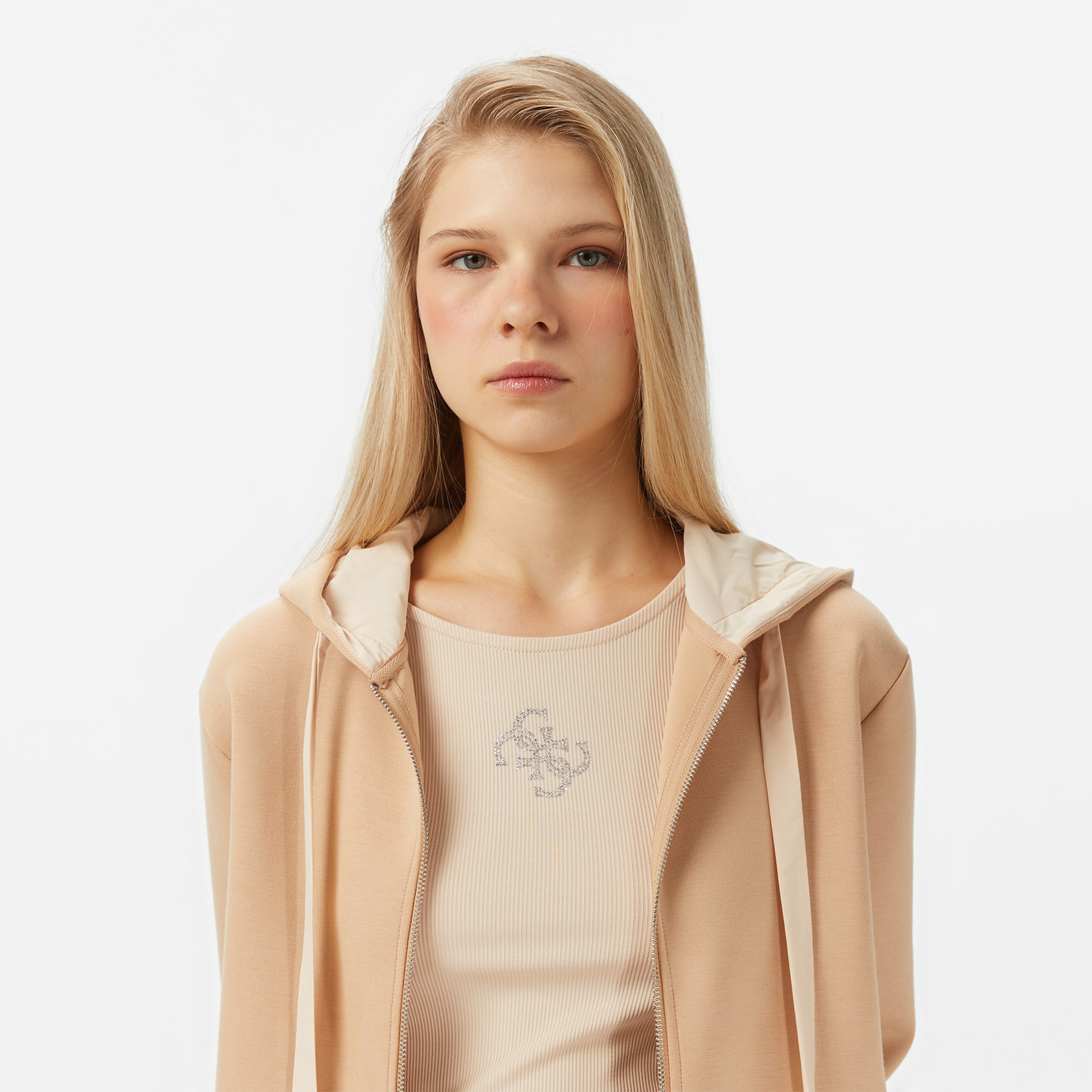 Guess New Hooded Scuba Kadın Krem Sweatshirt