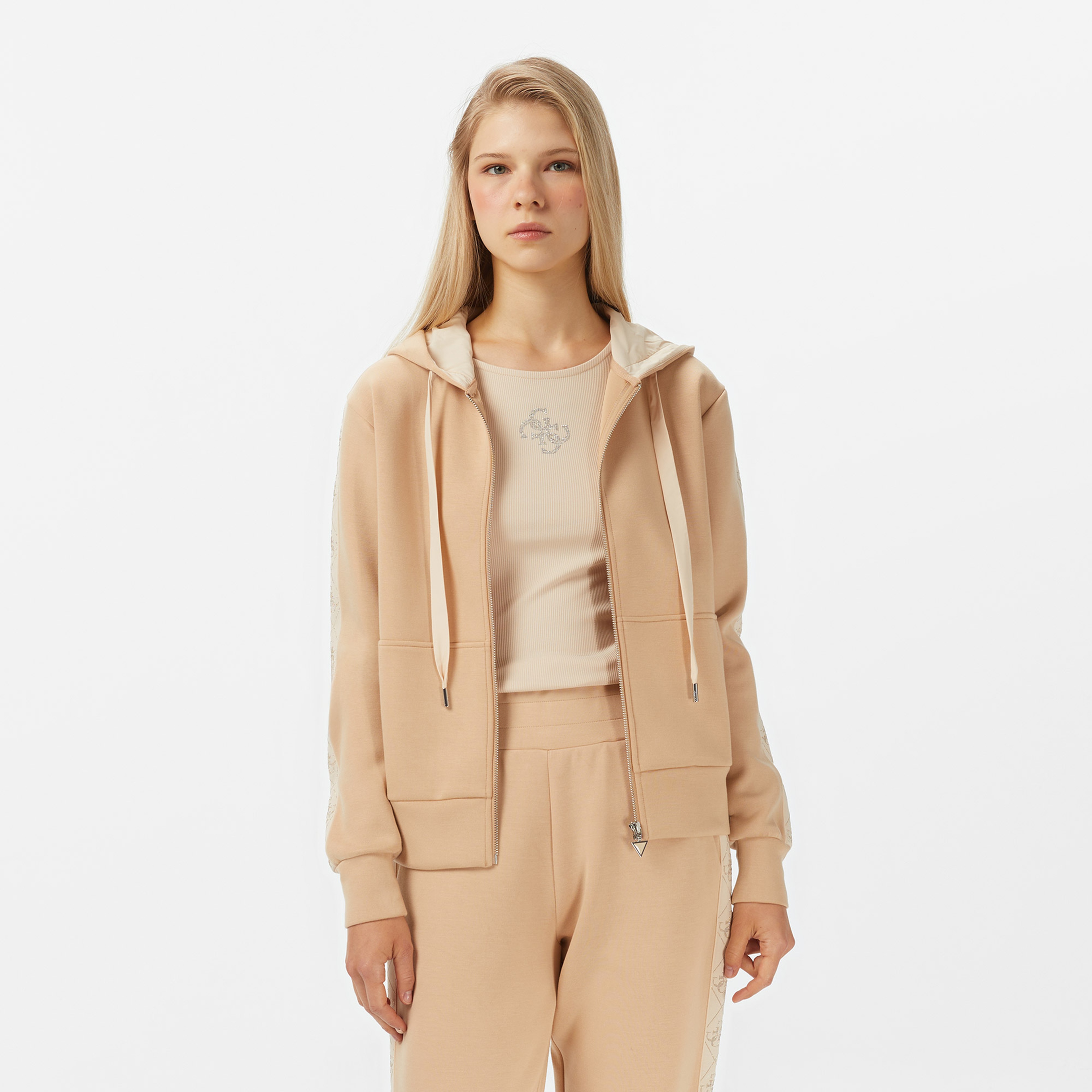 Guess New Hooded Scuba Kadın Krem Sweatshirt