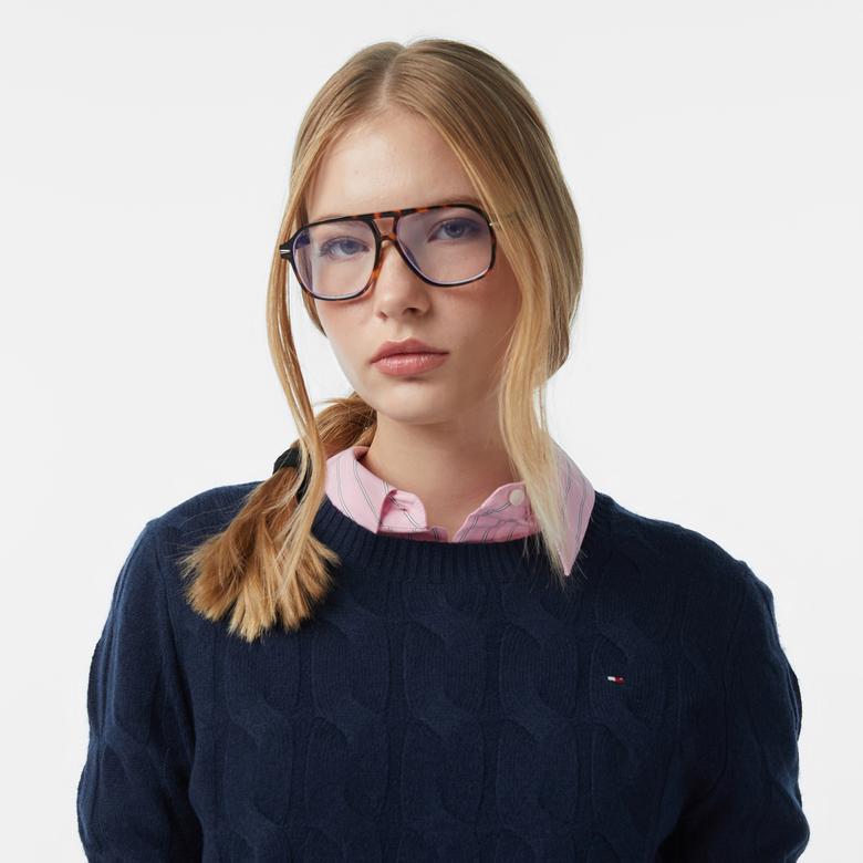 Tommy Hilfiger Soft Wool Cable Kadın Mavi Kazak