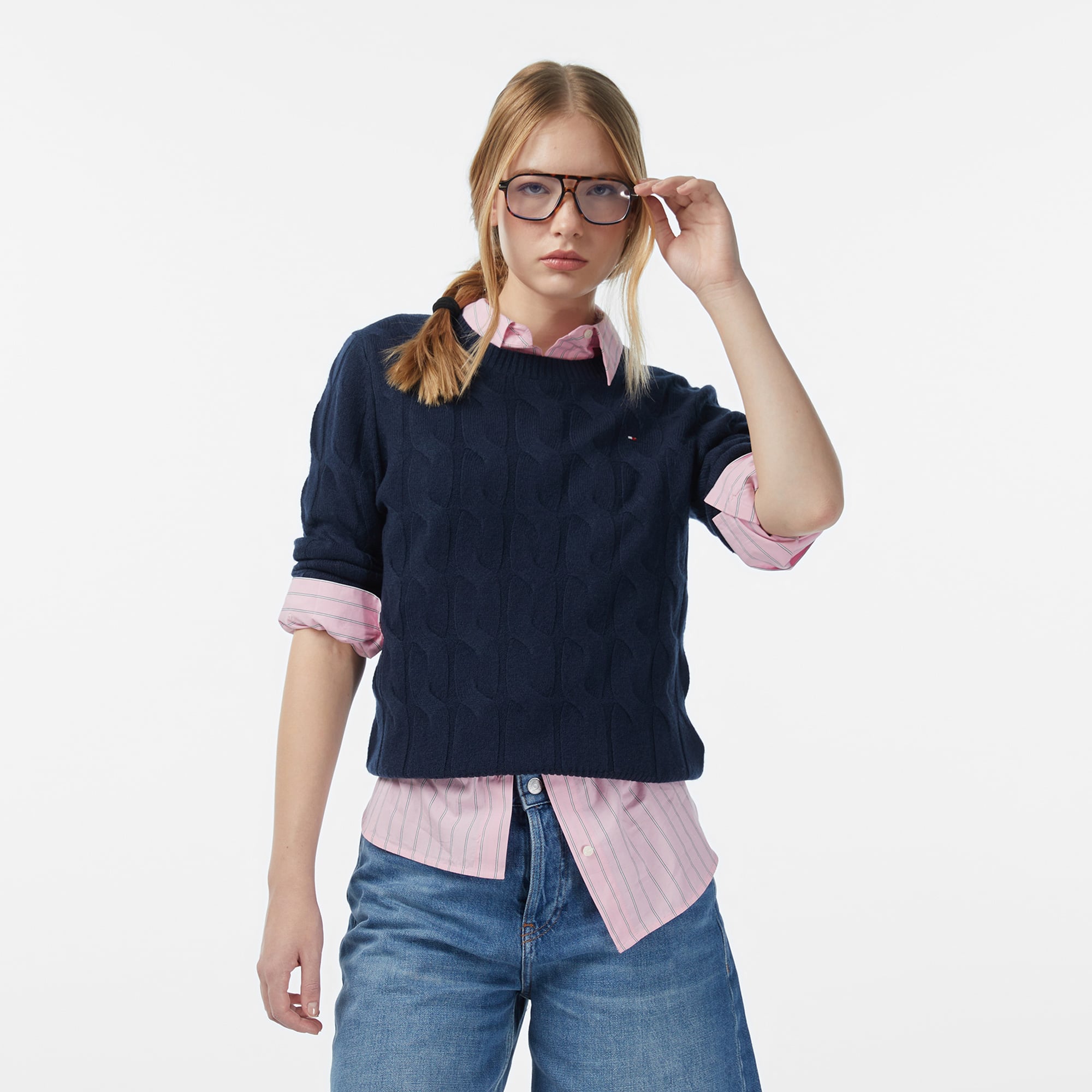 Tommy Hilfiger Soft Wool Cable Kadın Mavi Kazak