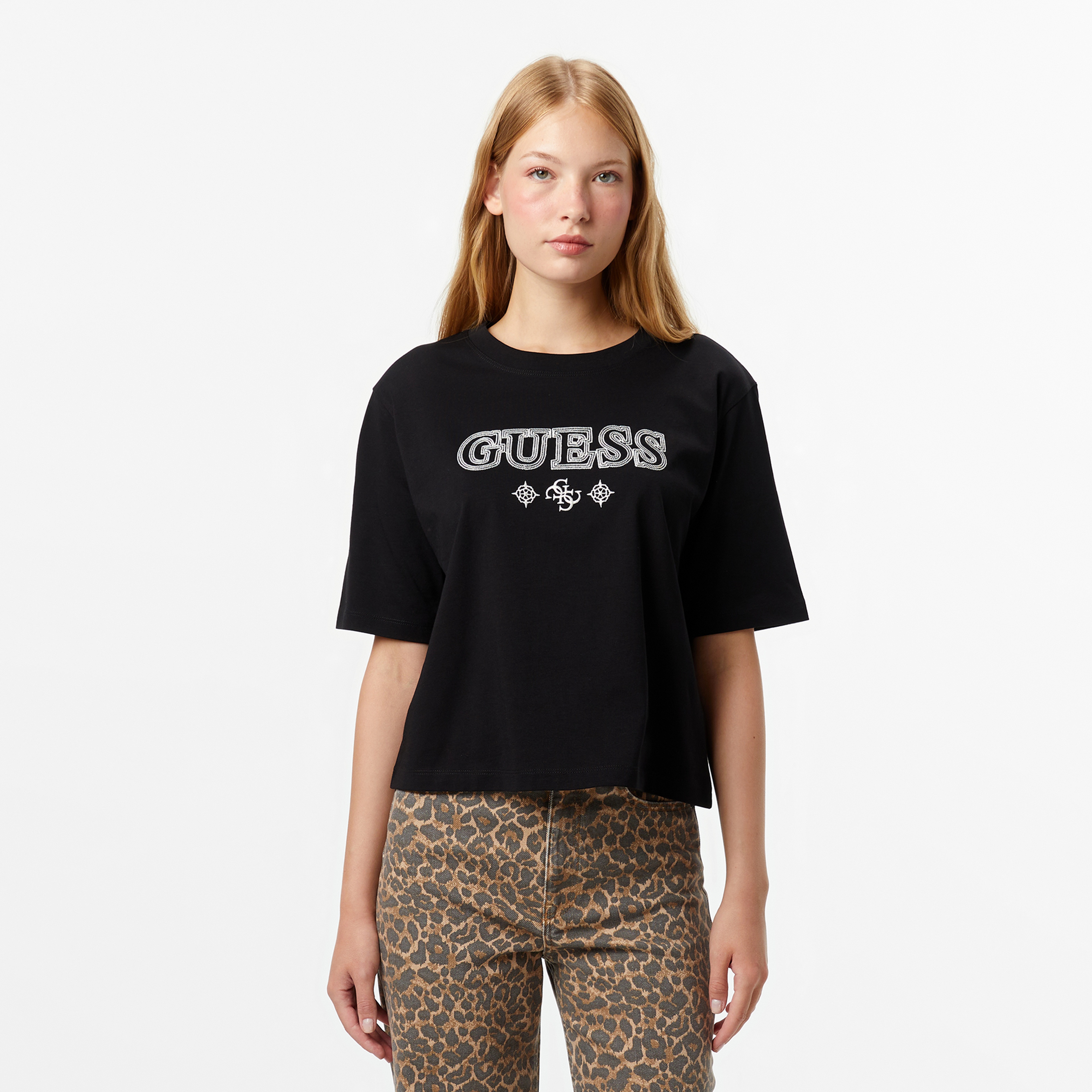 Guess Gloria Boxy Fit Kadın Siyah T-Shirt