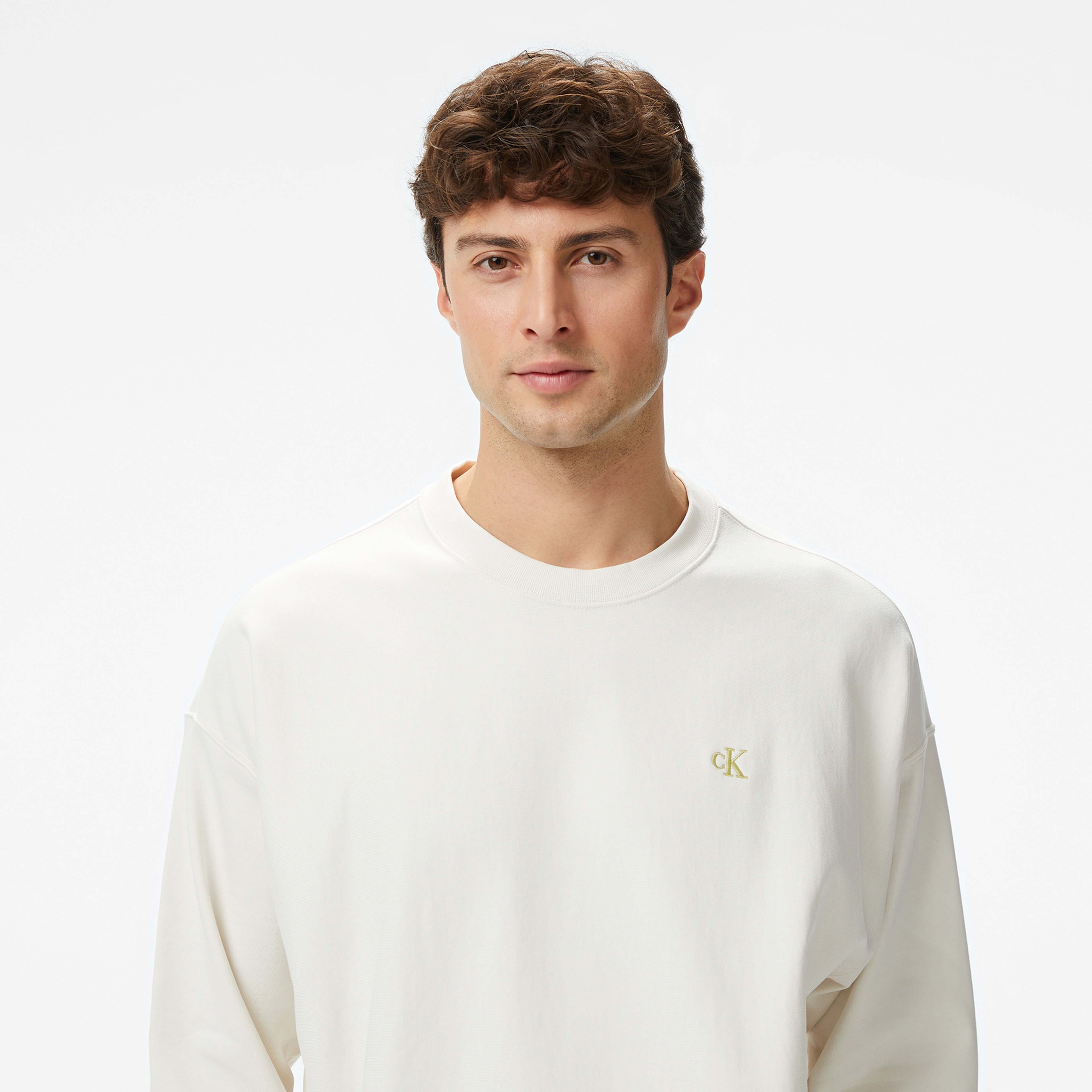 Calvin Klein Premium Terry Monogram Erkek Beyaz Sweatshirt