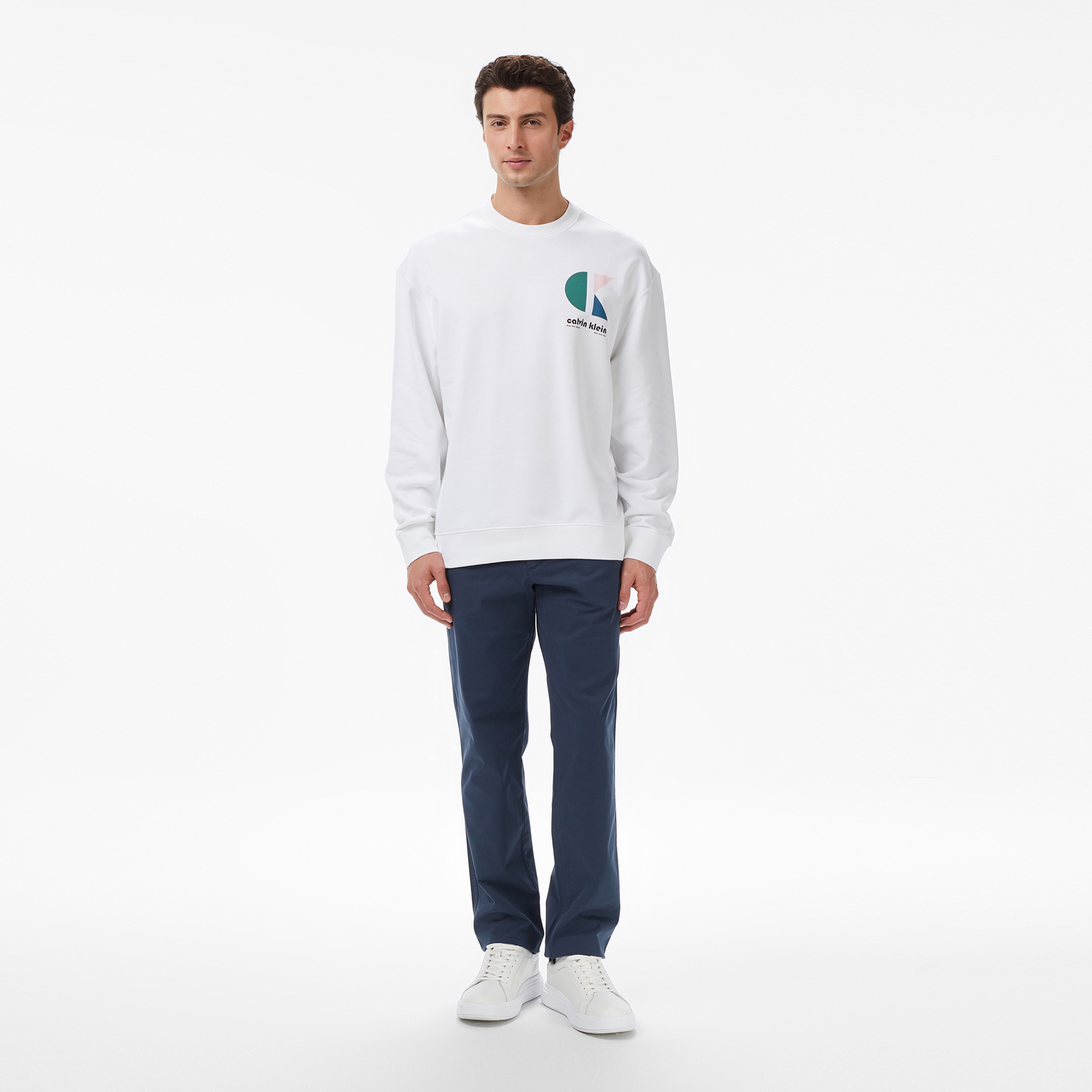 Calvin Klein Terry Bauhaus Logo Erkek Beyaz Sweatshirt