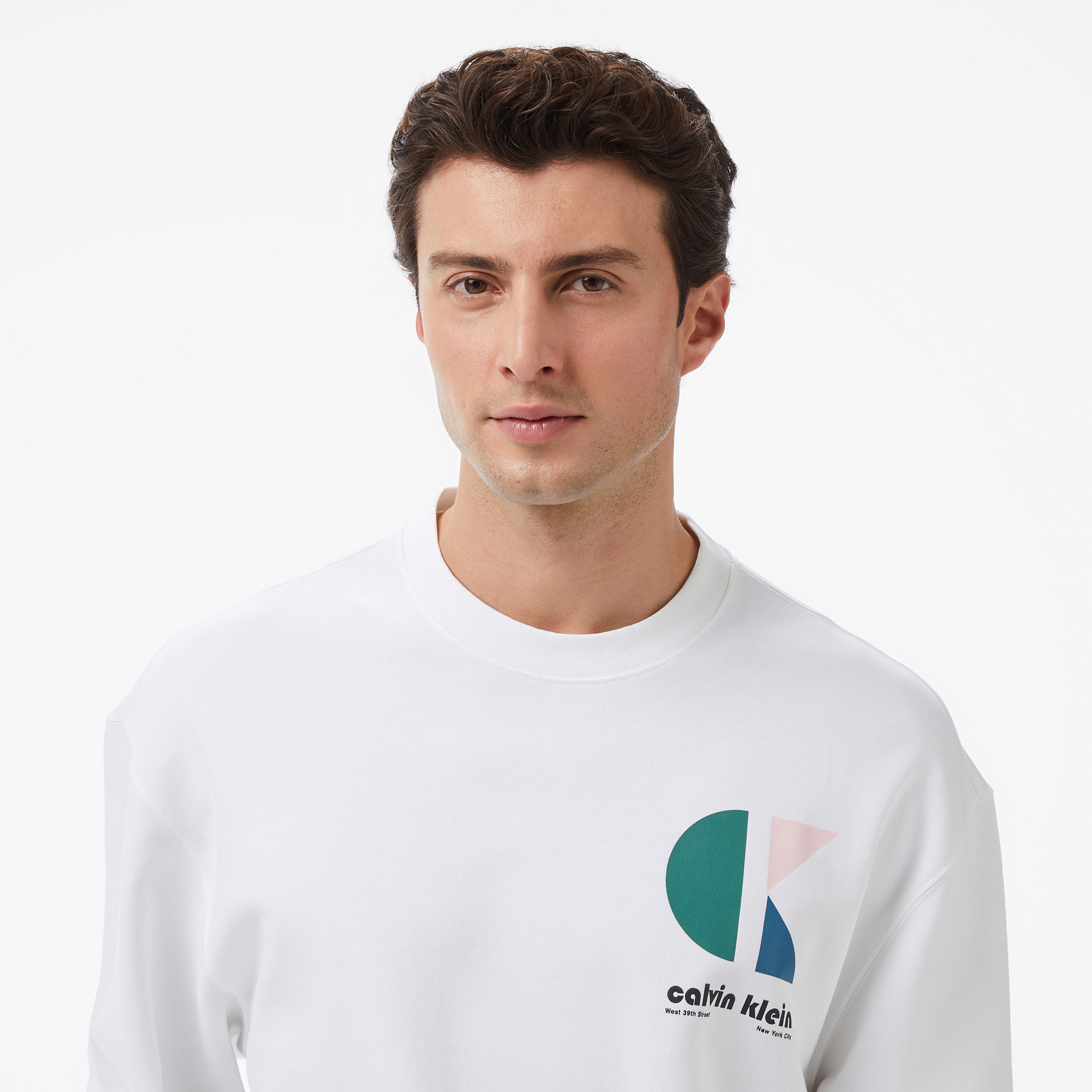 Calvin Klein Terry Bauhaus Logo Erkek Beyaz Sweatshirt
