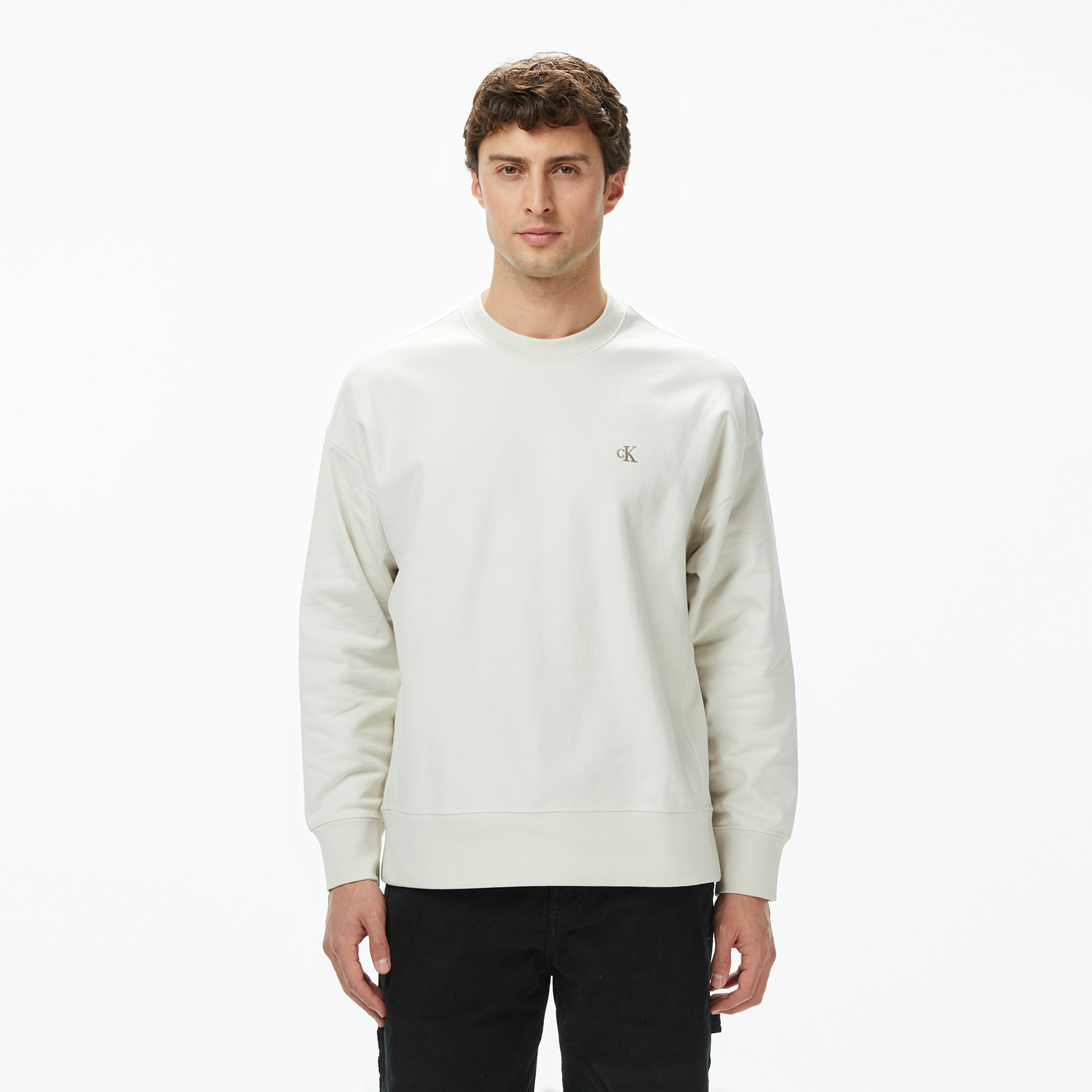 Calvin Klein Premium Terry Monogram Erkek Beyaz Sweatshirt