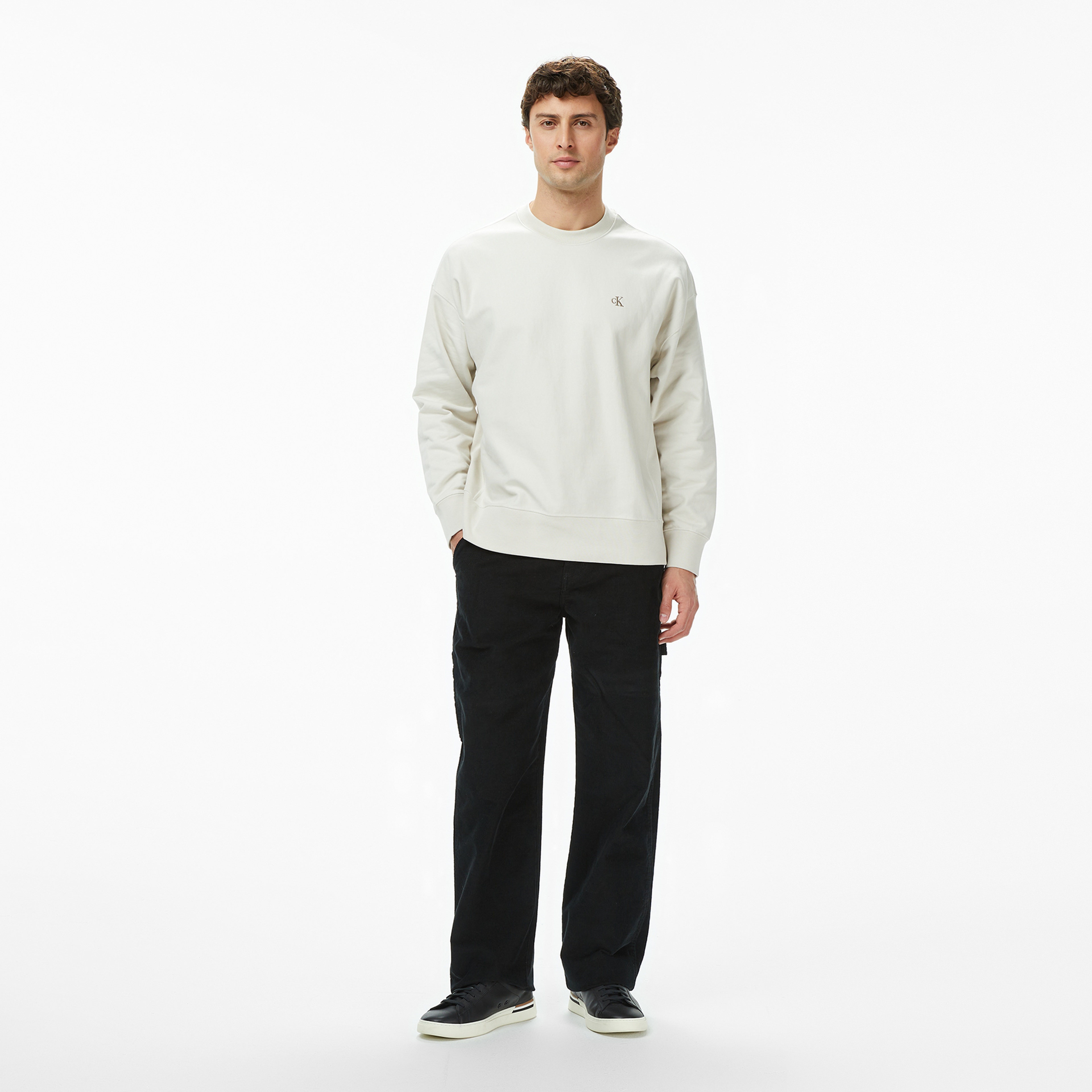 Calvin Klein Premium Terry Monogram Erkek Beyaz Sweatshirt