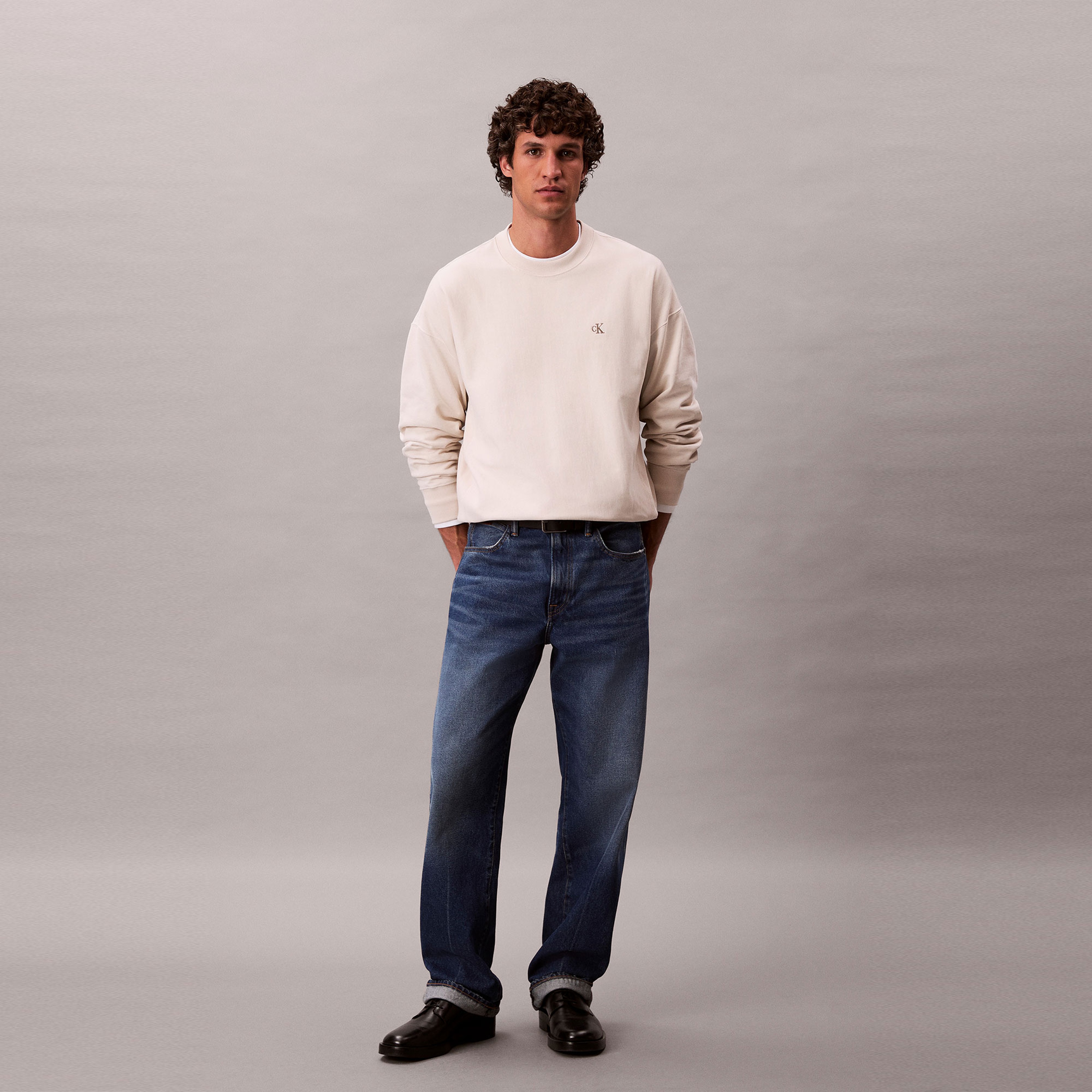 Calvin Klein Premium Terry Monogram Erkek Beyaz Sweatshirt