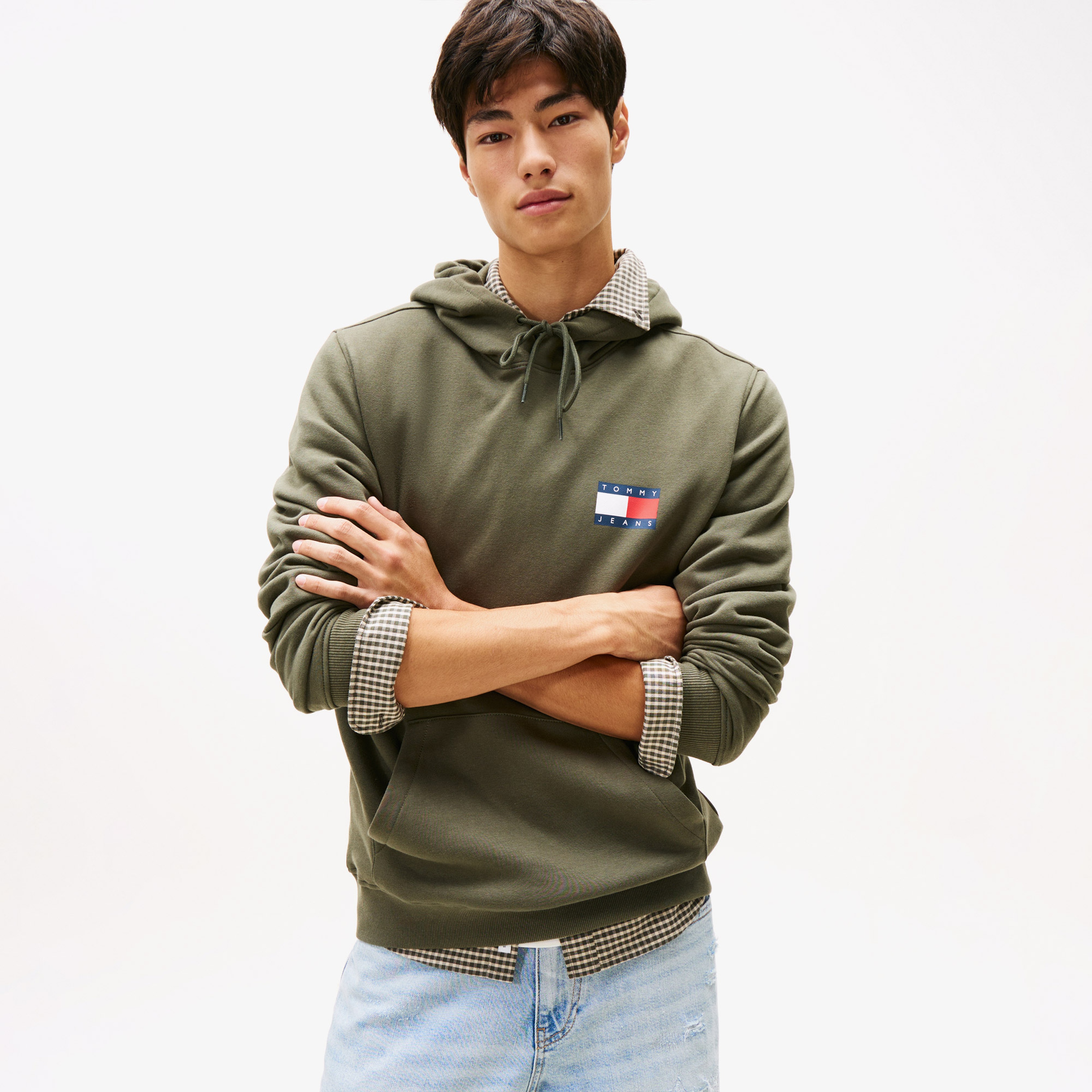 Tommy Jeans Regular Essential Flag Hood Erkek Yeşil Hoodie