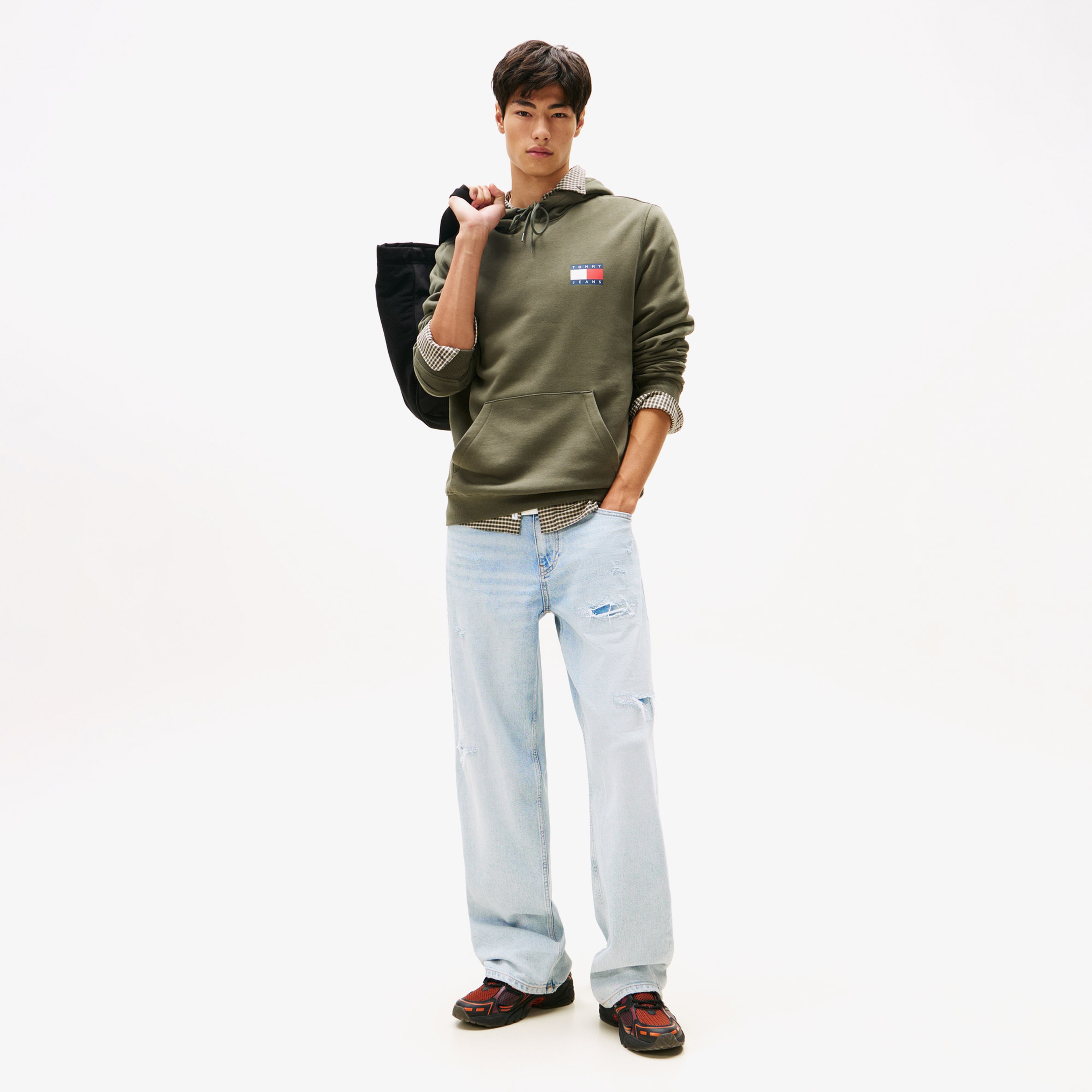 Tommy Jeans Regular Essential Flag Hood Erkek Yeşil Hoodie