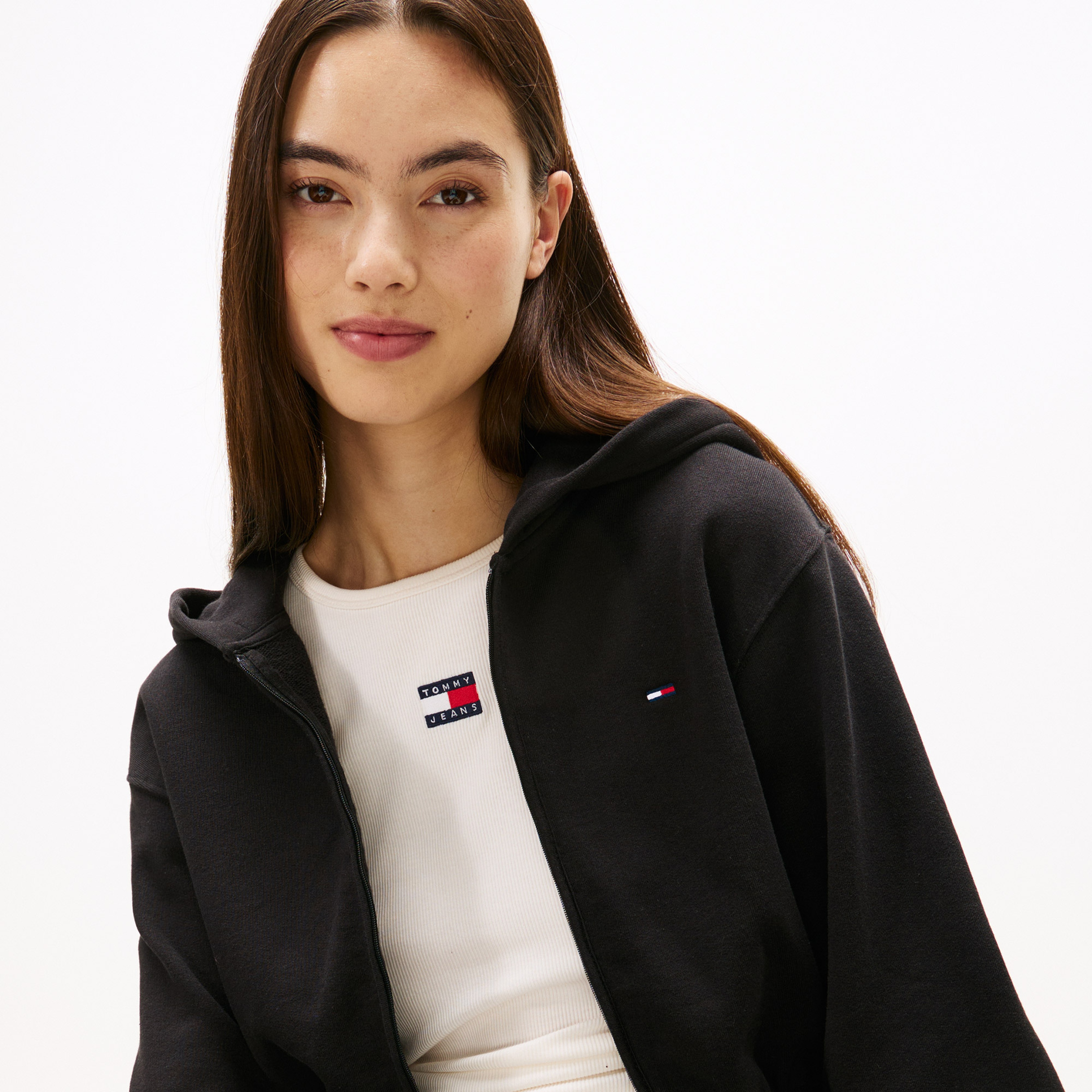 Tommy Jeans Relax Crop S-Flag Kadın Siyah Fermuarlı Hoodie