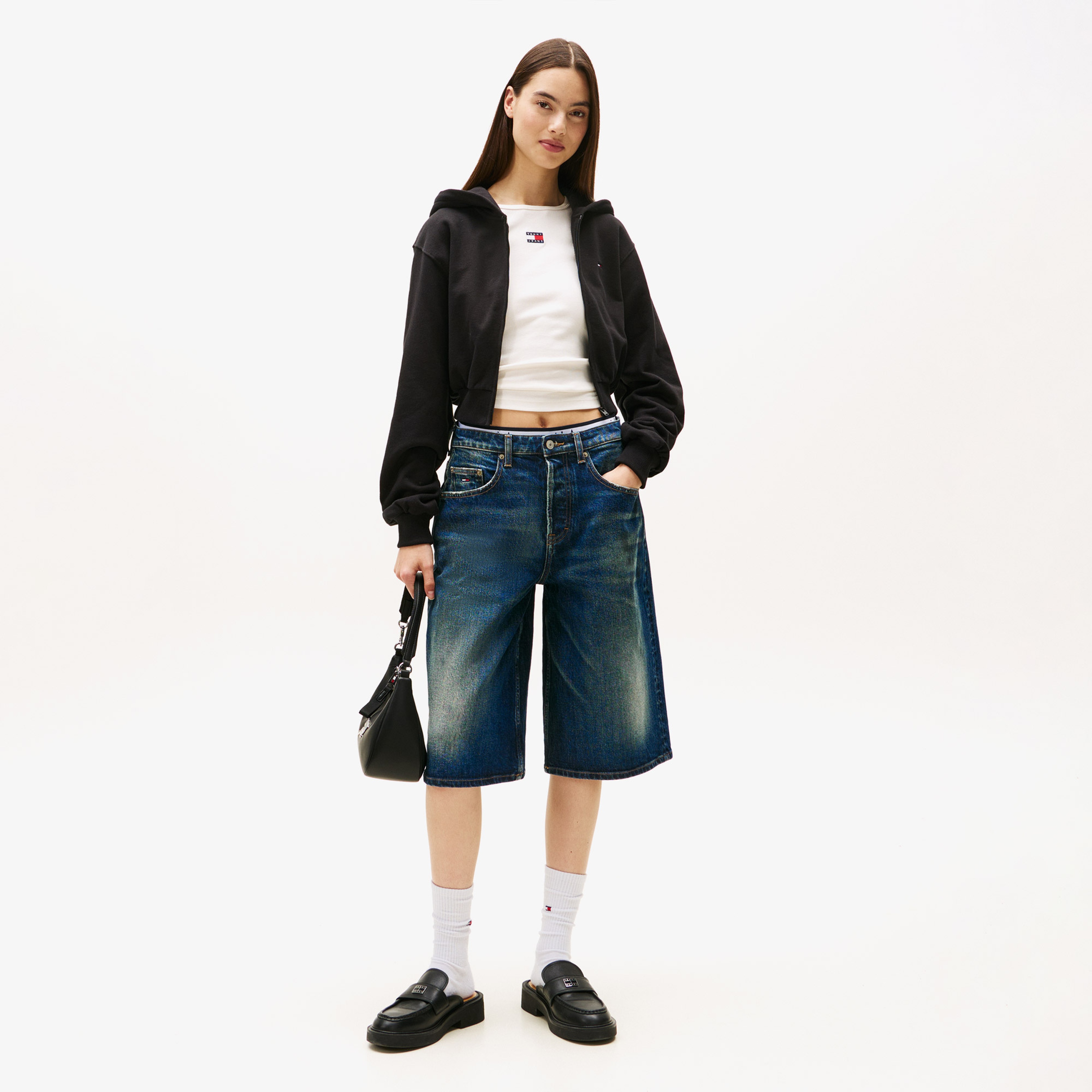 Tommy Jeans Relax Crop S-Flag Kadın Siyah Fermuarlı Hoodie