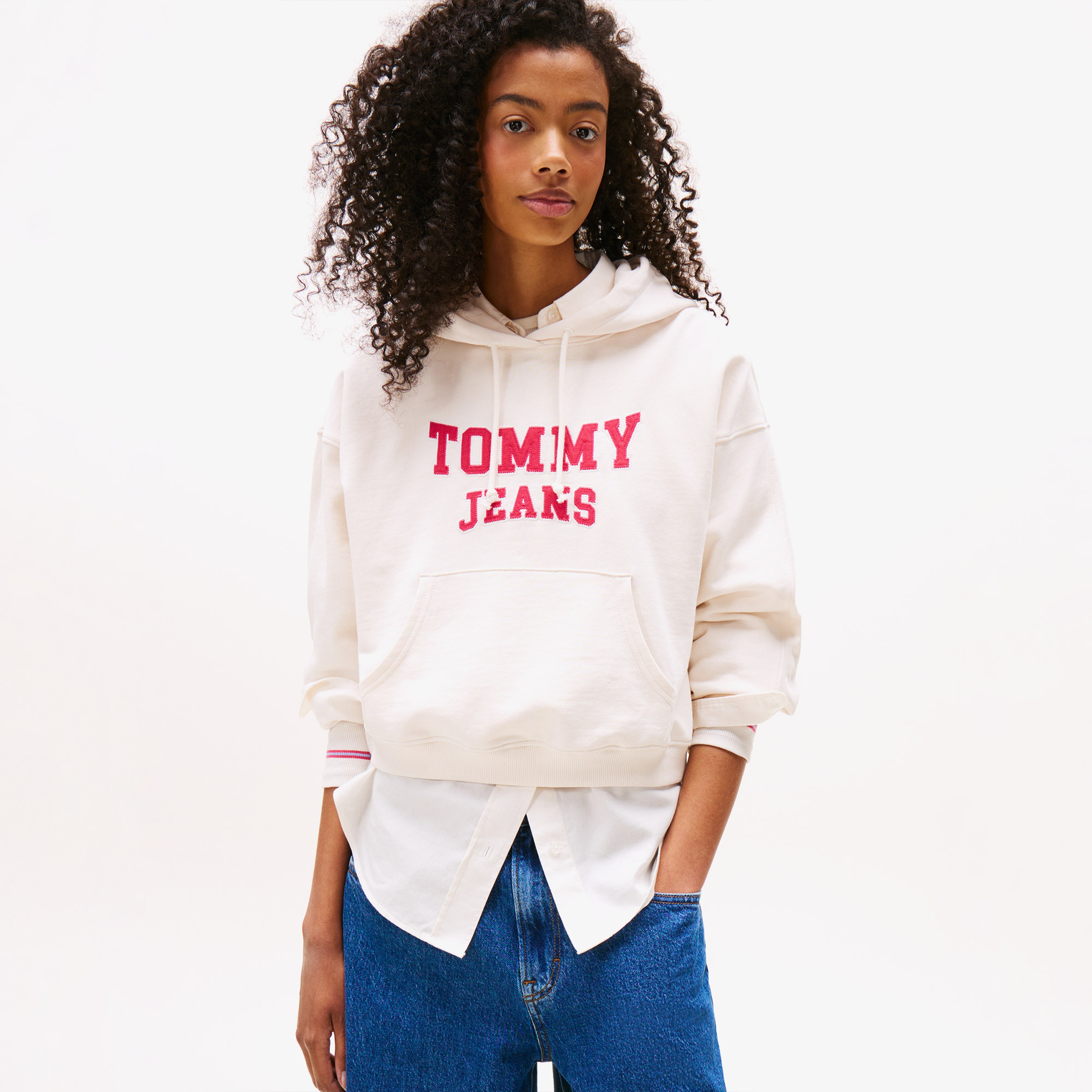 Tommy Jeans Crop Varsity Kadın Beyaz Hoodie
