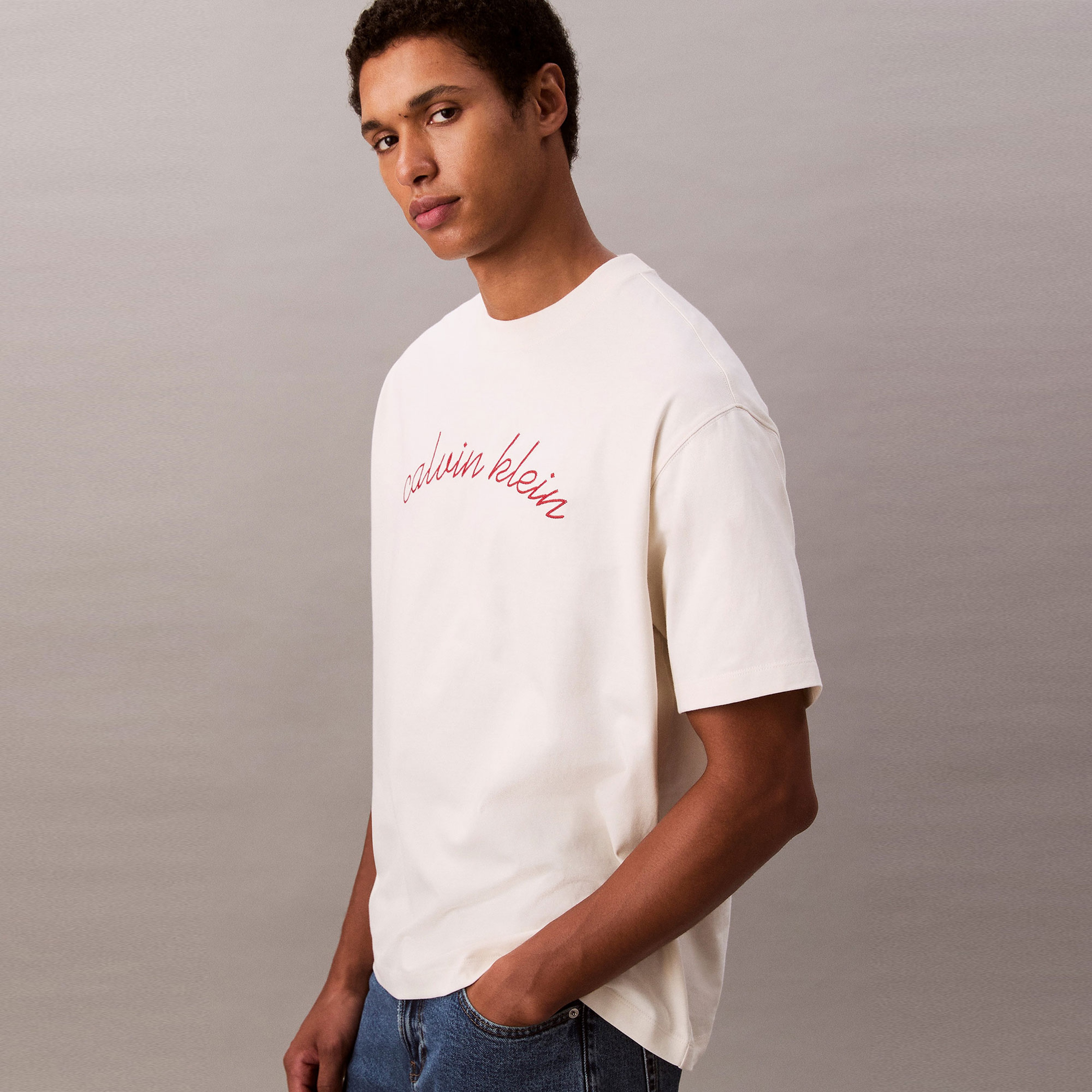 Calvin Klein Center Chain Stitch Erkek Beyaz T-Shirt