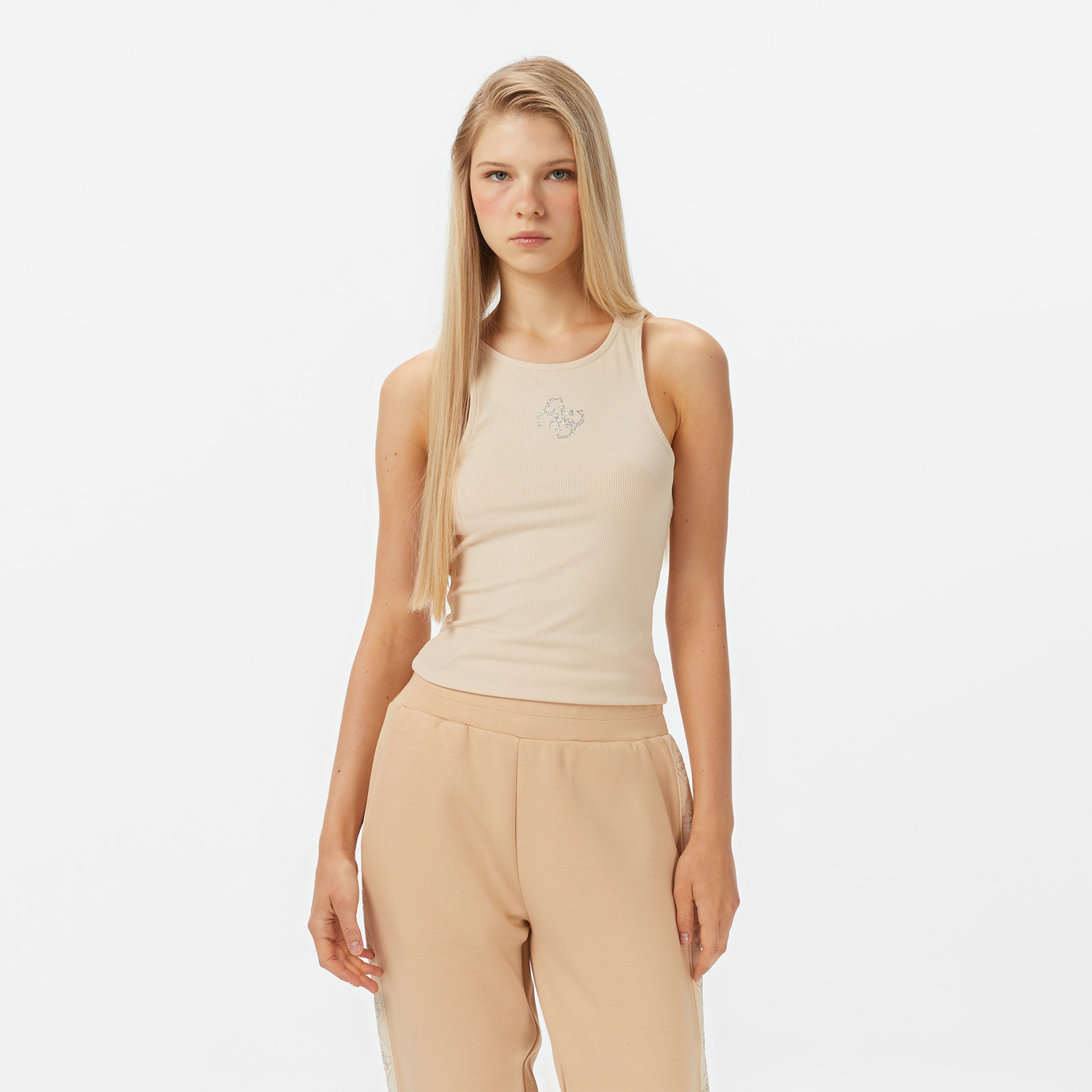 Guess New Round Kadın Krem Rengi Kolsuz T-Shirt