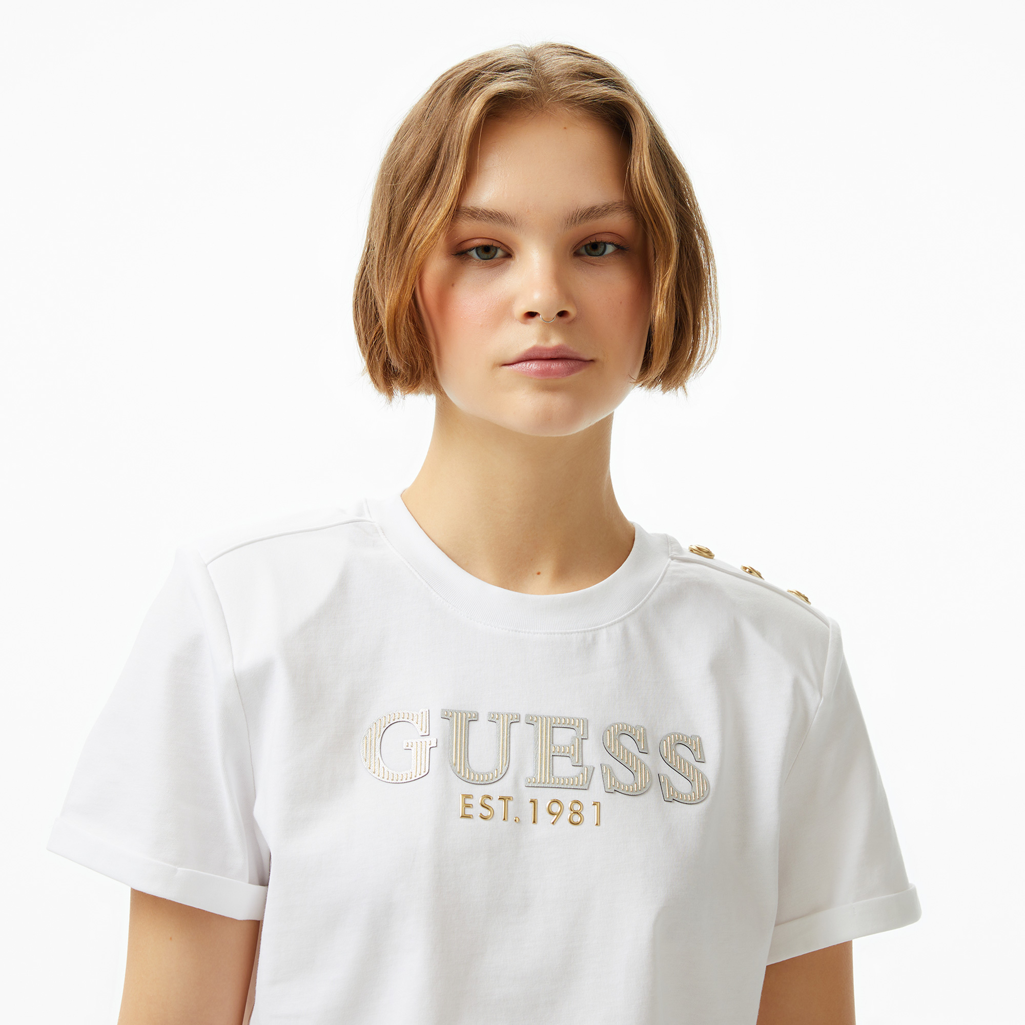 Guess Cropped Washed Mid Organic Heavy 205 Kadın Beyaz T