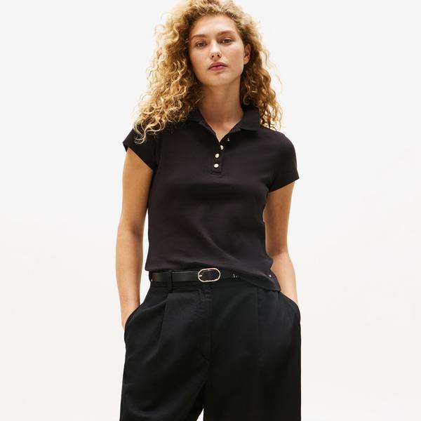 Tommy Hilfiger Gold Button Slim Kadın Siyah Polo
