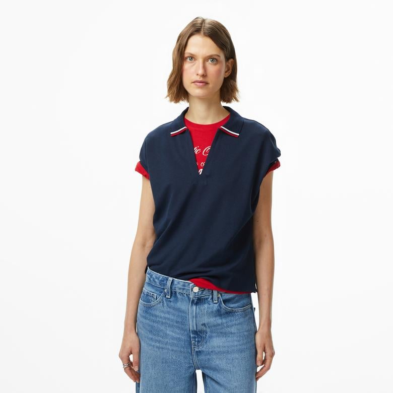 Tommy Hilfiger Lyocell Tipping Open Kadın Mavi Polo