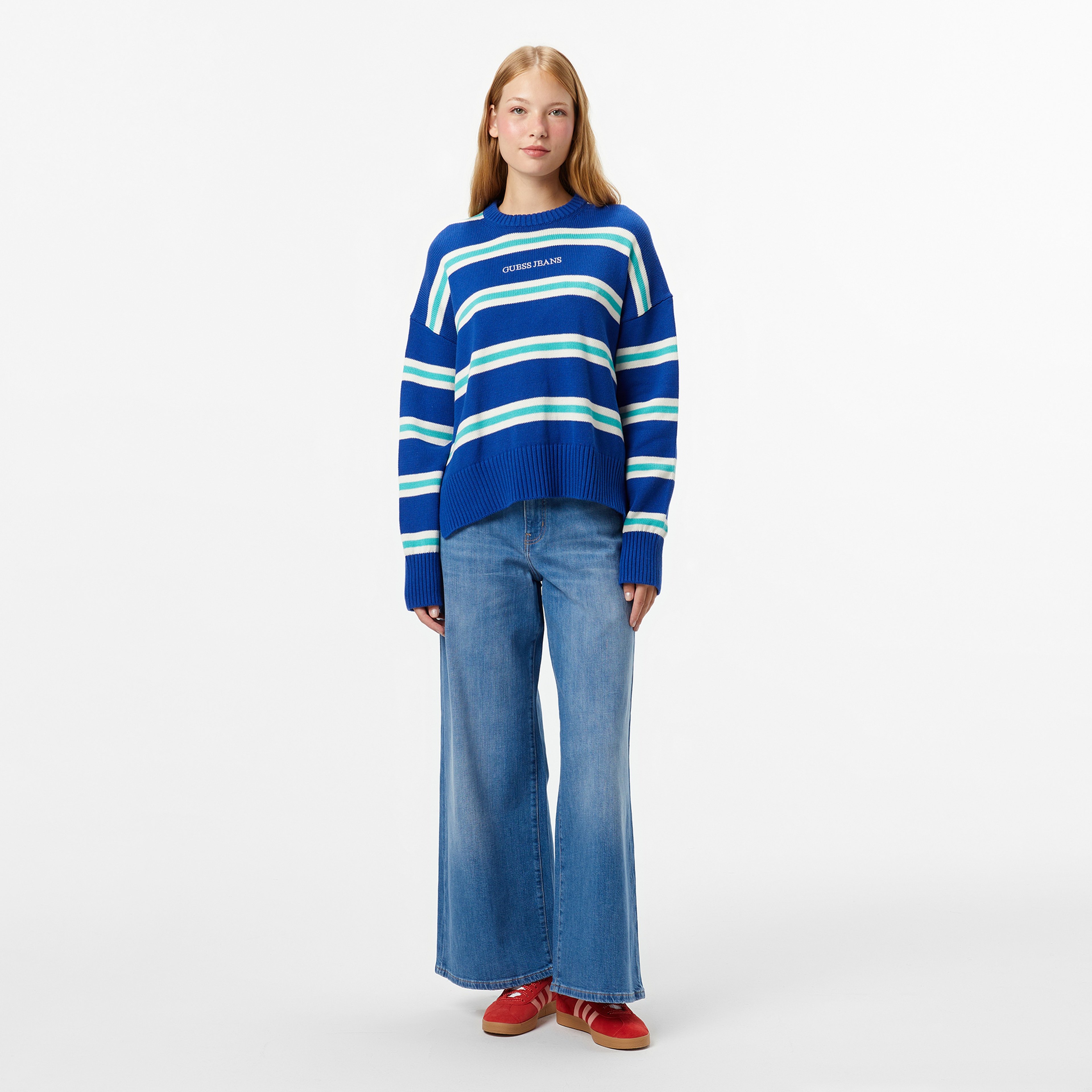 Guess Striped Kadın Mavi Triko