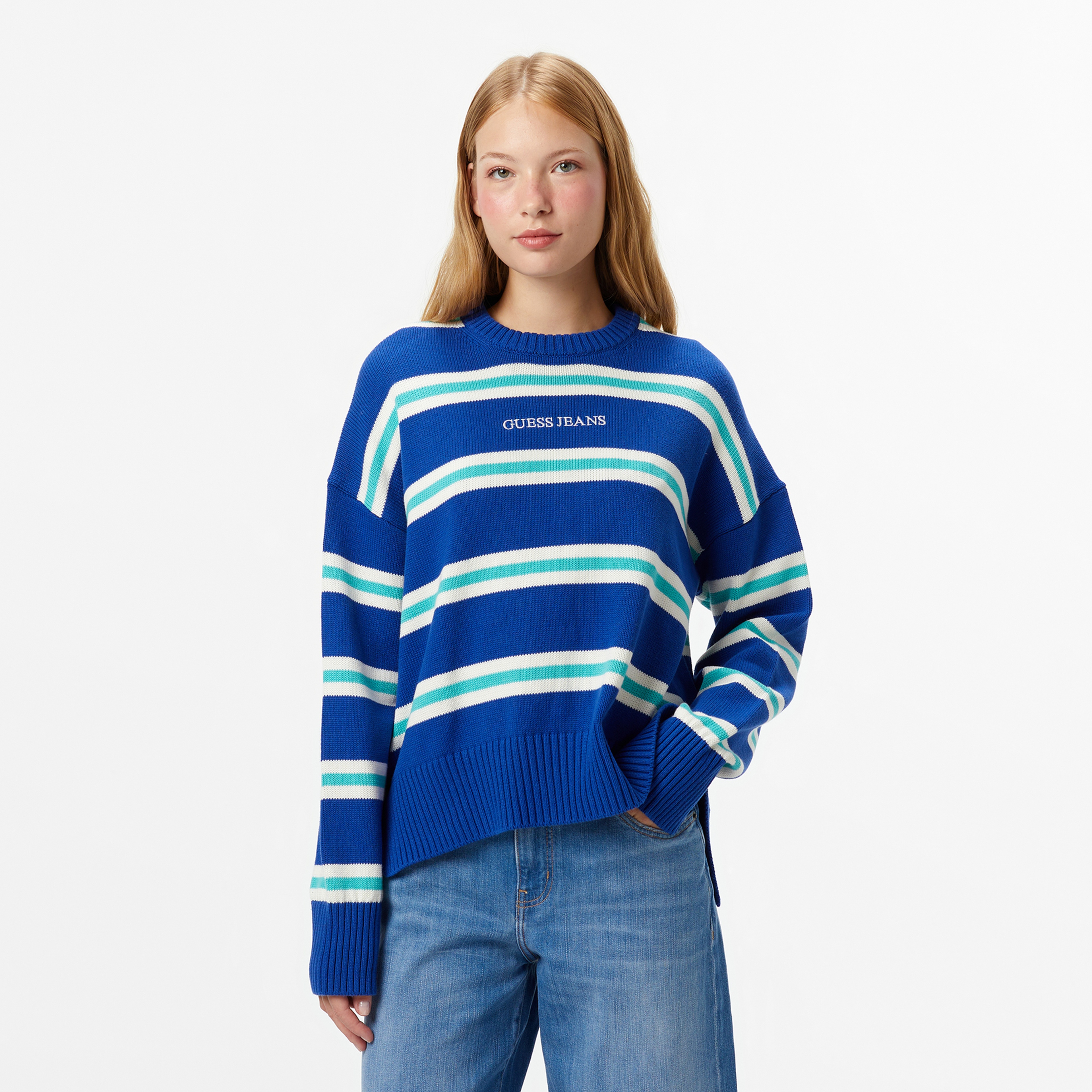 Guess Striped Kadın Mavi Triko
