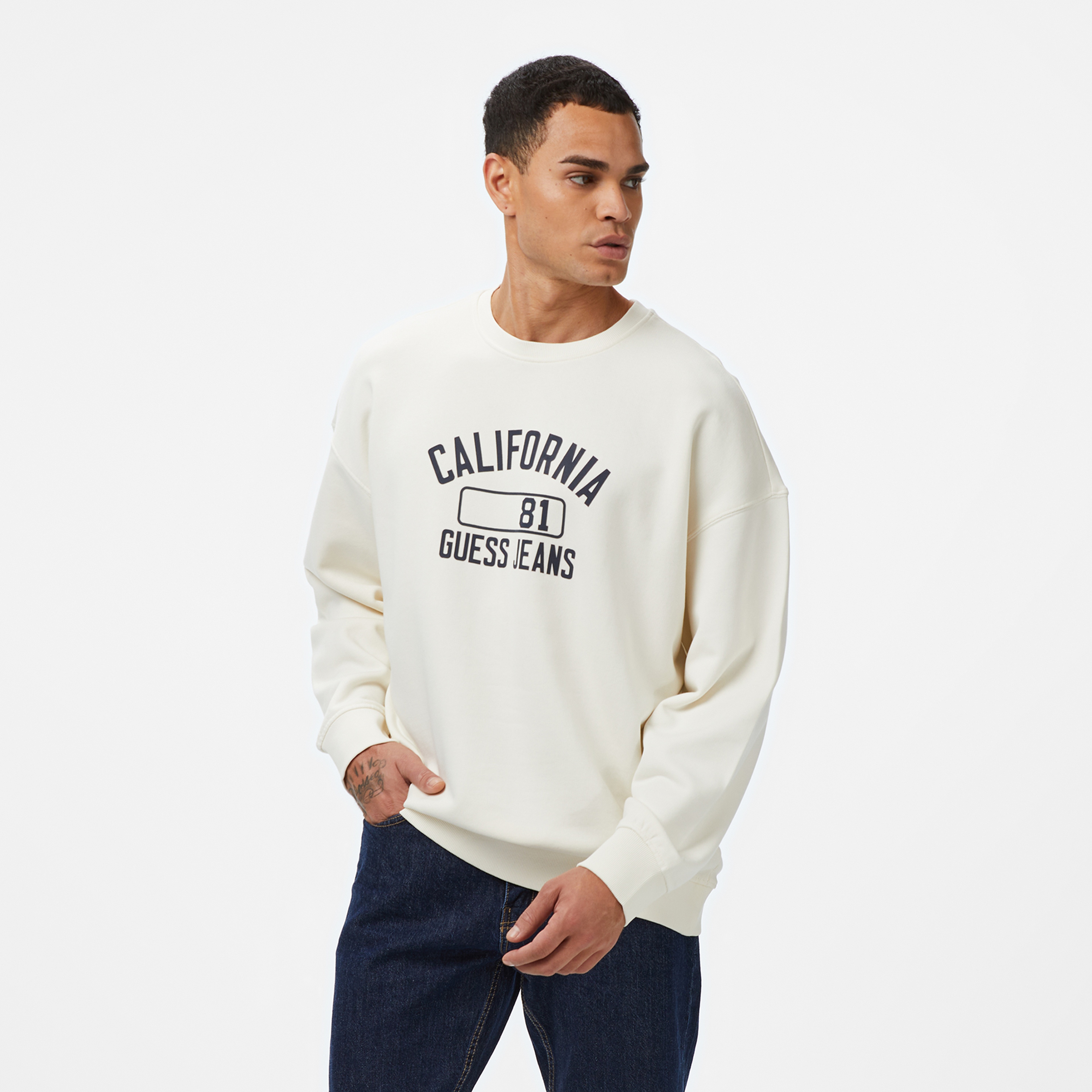 Guess Jeans Erkek Beyaz Sweatshirt