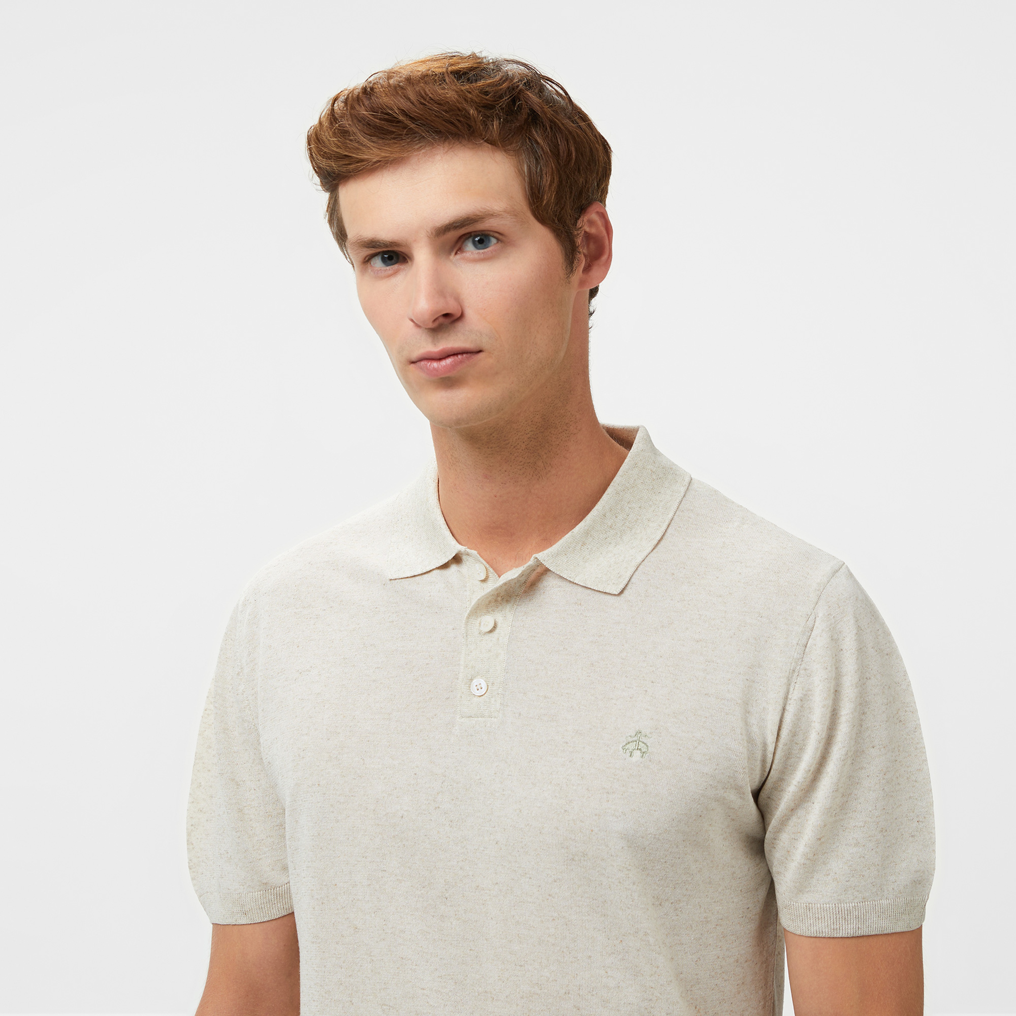 Brooks Brothers Polo Yaka Kısa Kol Keten Karışımlı Erkek Bej Kazak